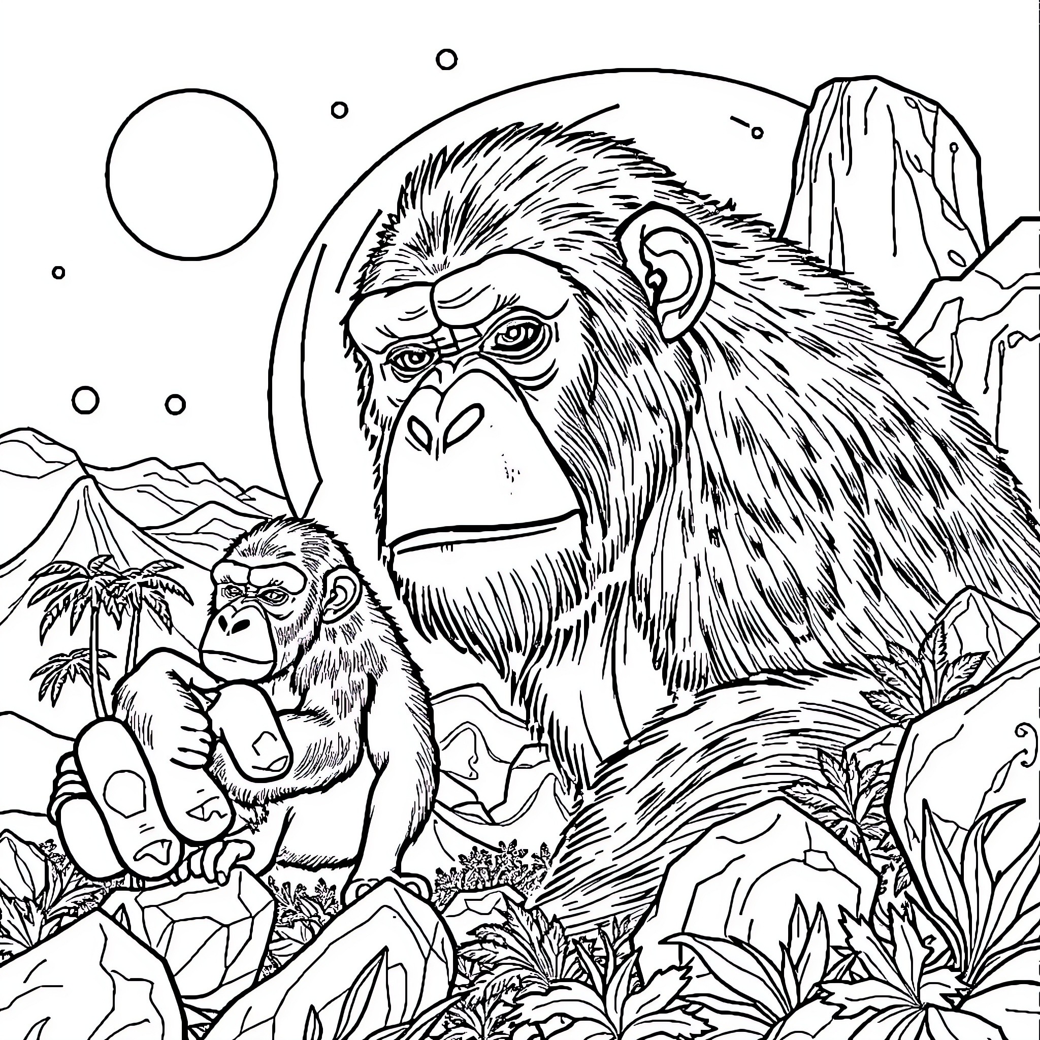 Ape and Baby Ape in Lush Jungle Landscape Coloring Page (free black-and-white line drawing printable PDF for all, from beginners to advanced learners, including children, teens, adults, and seniors)