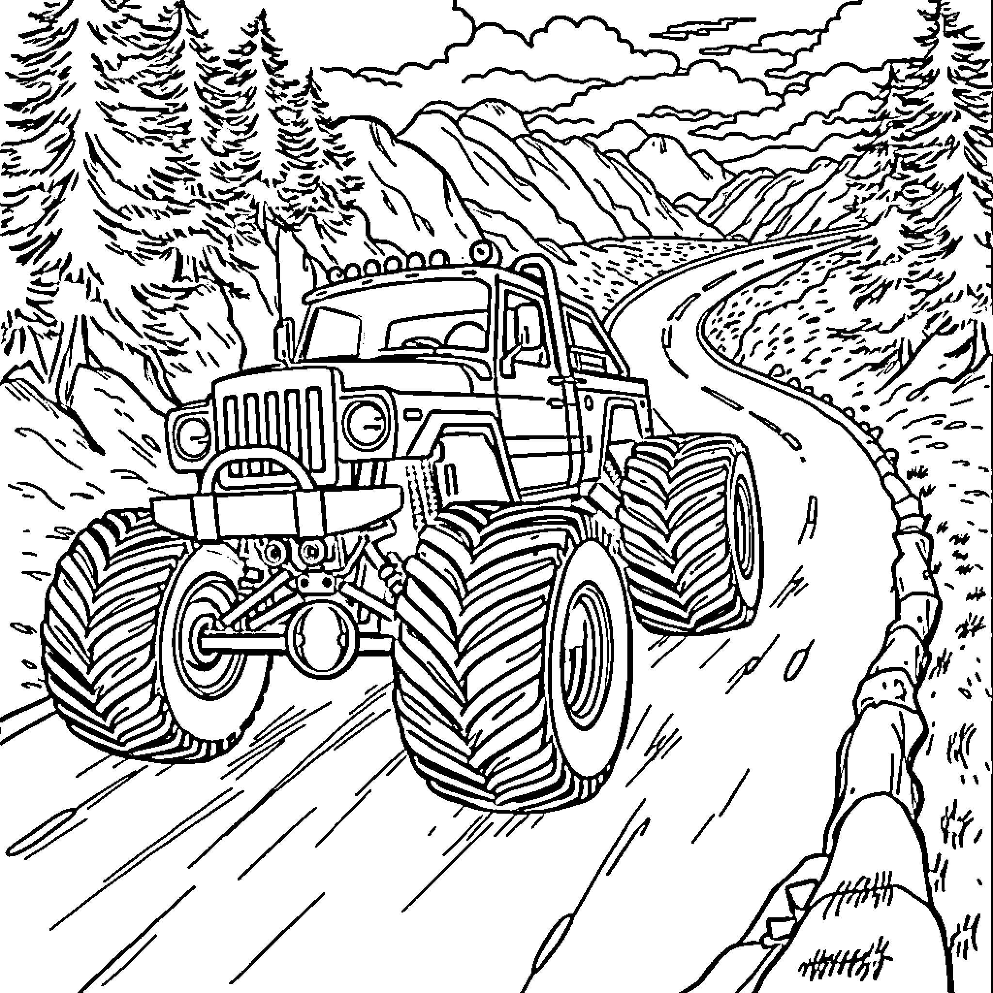 Monster Truck Speeding Through Scenic Mountain Road Coloring Page (free black-and-white line drawing printable PDF for all, from beginners to advanced learners, including children, teens, adults, and seniors)