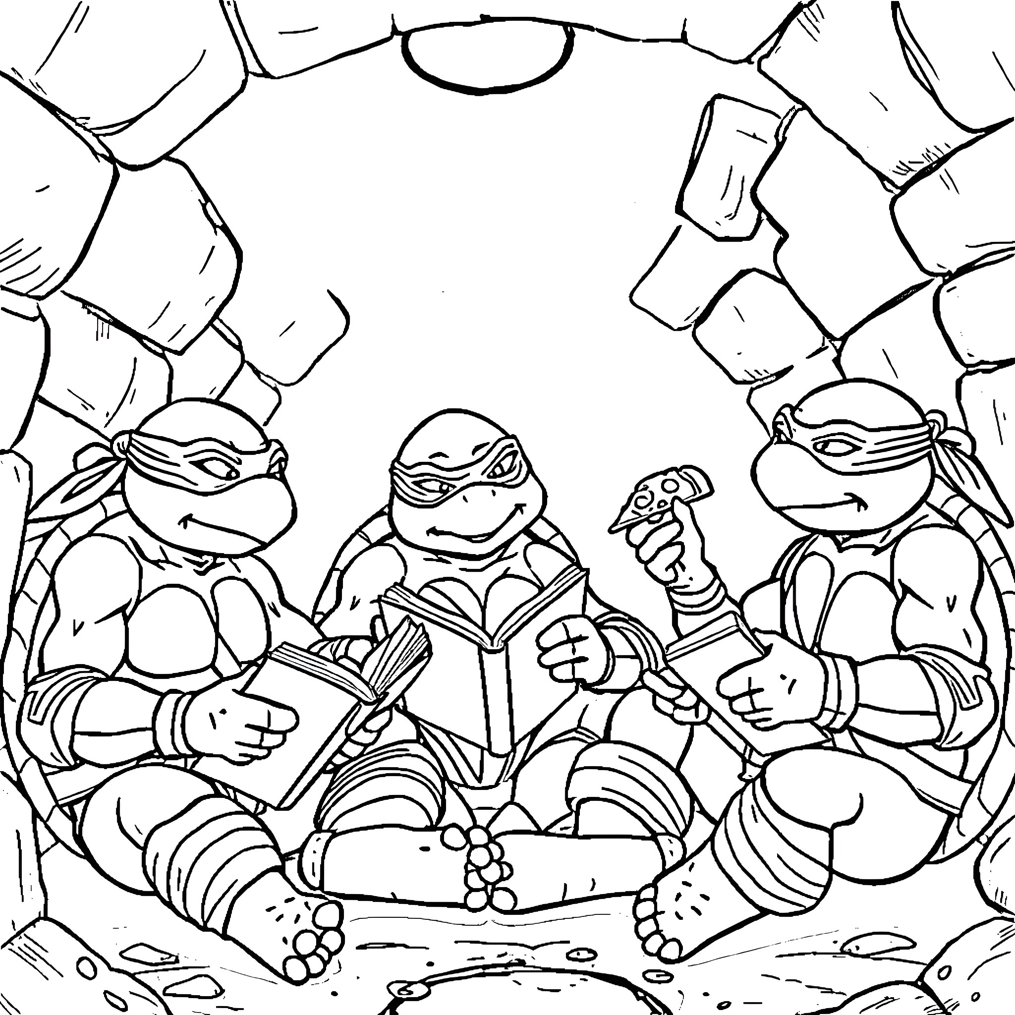 Ninja Turtles reading books together in the sewers Coloring Page (free black-and-white line drawing printable PDF for all, from beginners to advanced learners, including children, teens, adults, and seniors)