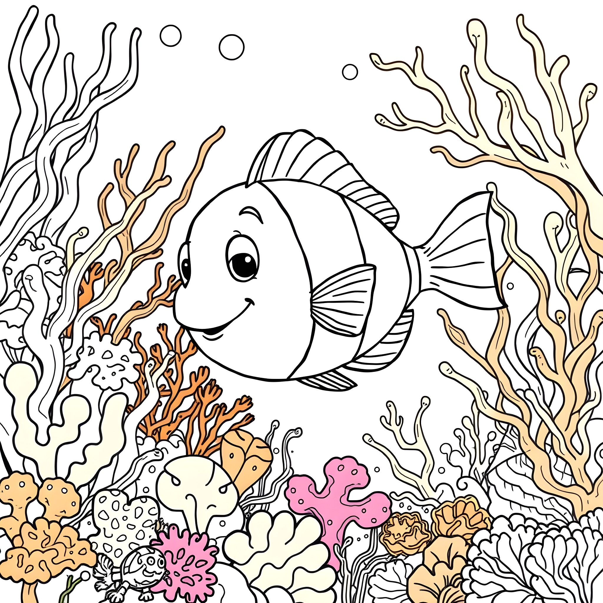 Flounder swimming amidst vibrant coral reefs Coloring Page (free black-and-white line drawing printable PDF for all, from beginners to advanced learners, including children, teens, adults, and seniors)