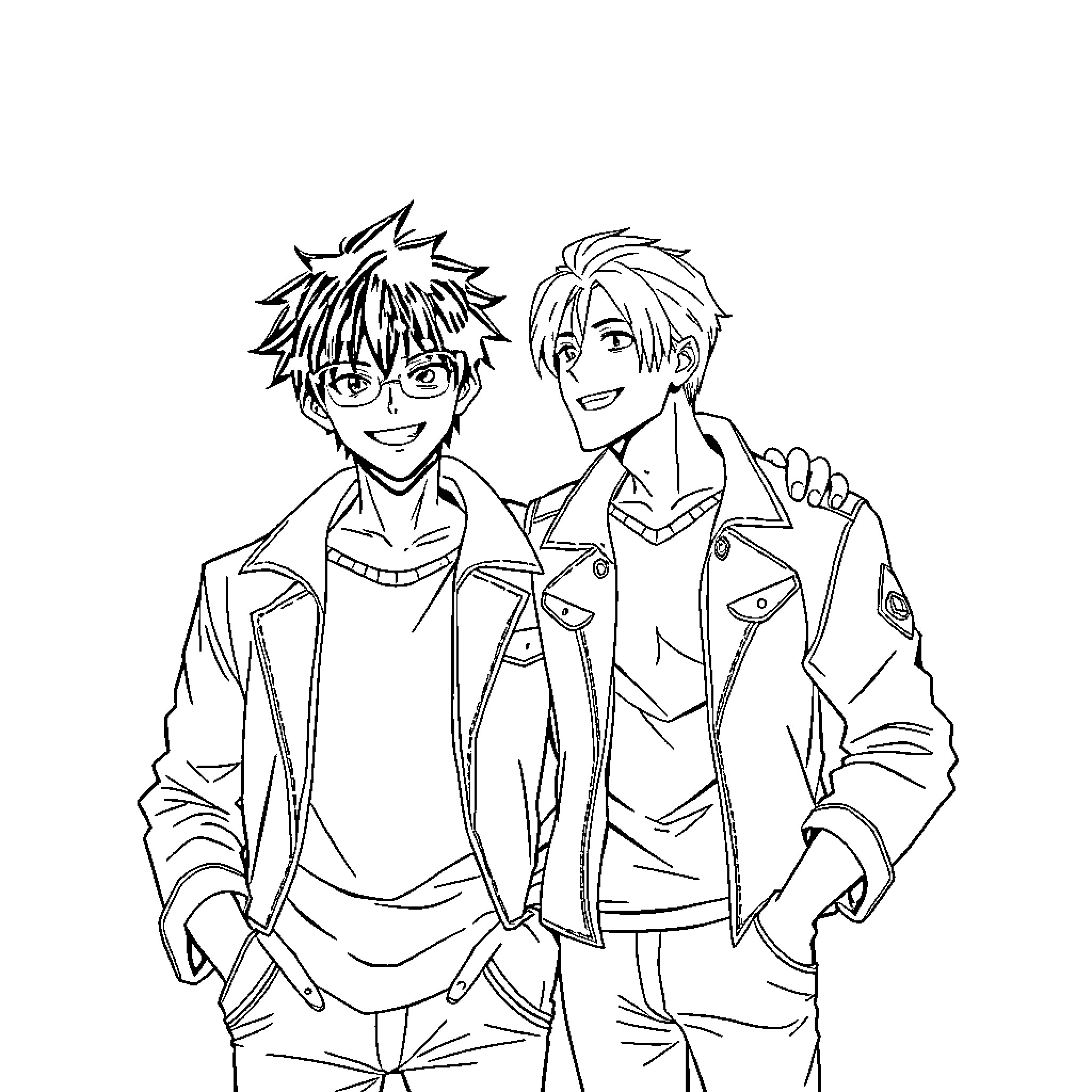 Denji and his friend enjoying casual outfits Coloring Page (free black-and-white line drawing printable PDF for all, from beginners to advanced learners, including children, teens, adults, and seniors)