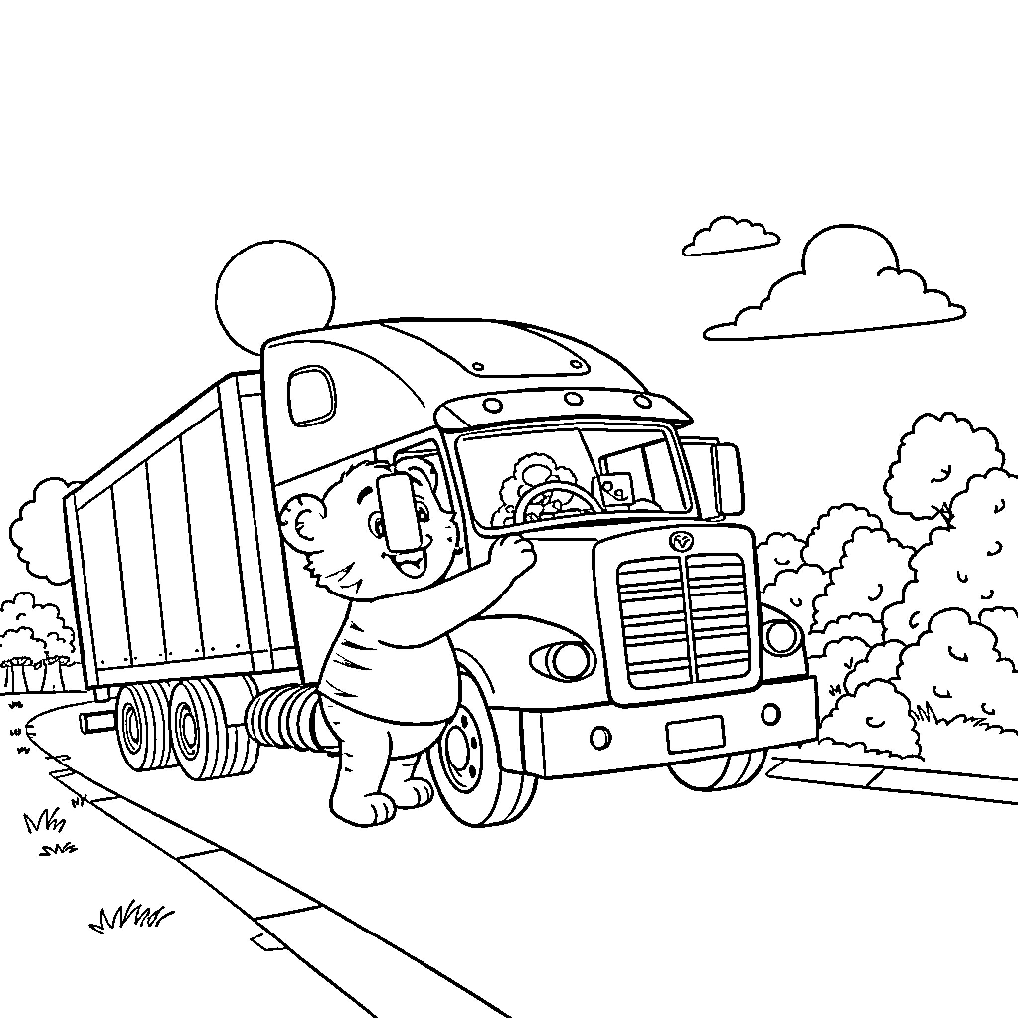Daniel Tiger driving a delivery truck on the road Coloring Page (free black-and-white line drawing printable PDF for all, from beginners to advanced learners, including children, teens, adults, and seniors)