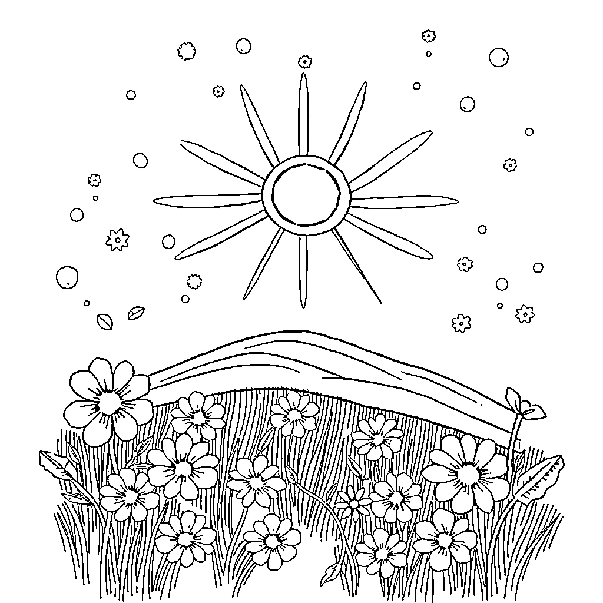 Dream of a Sunny Floral Meadow Coloring Page (free black-and-white line drawing printable PDF for all, from beginners to advanced learners, including children, teens, adults, and seniors)