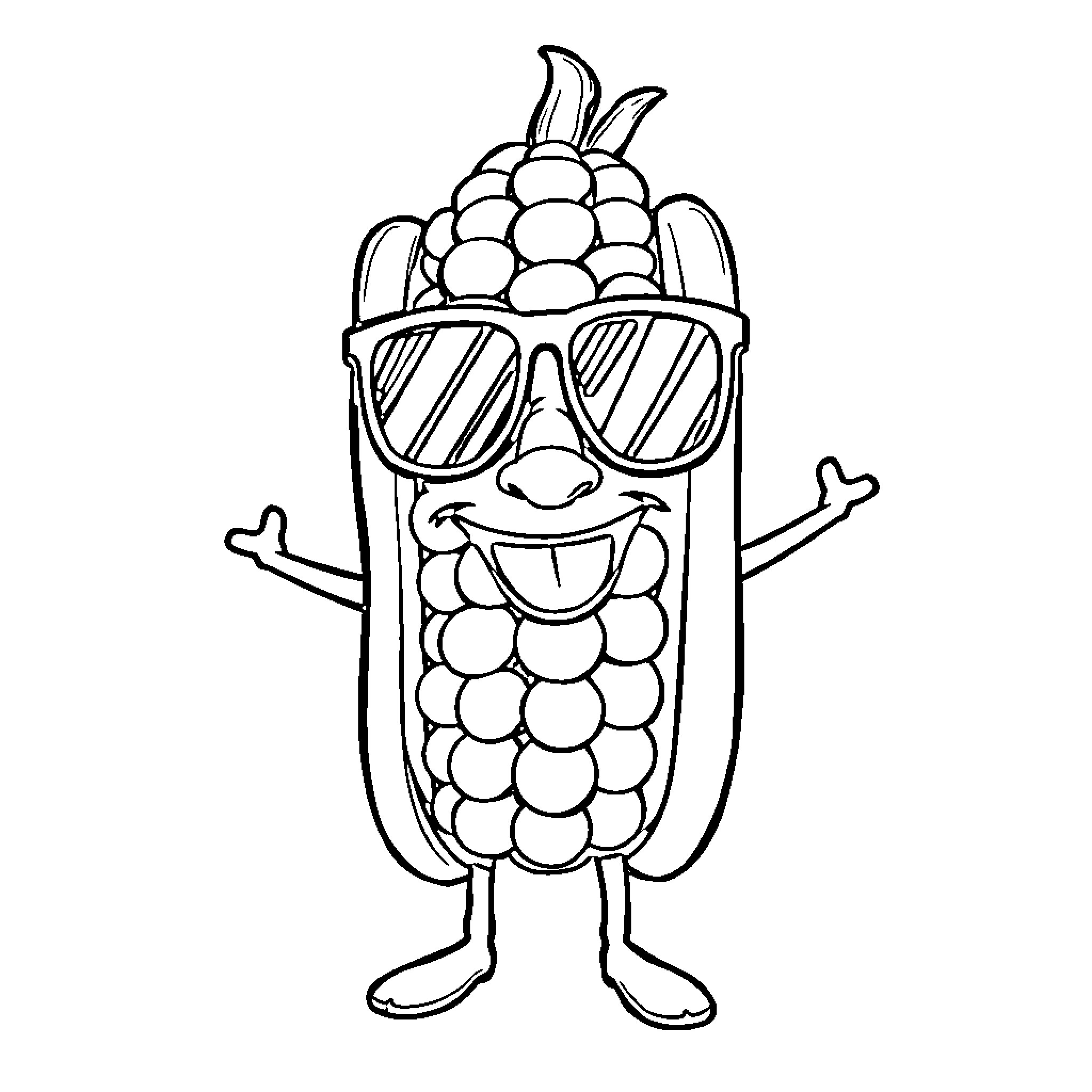 Corn Dog wearing sunglasses and smiling Coloring Page (free black-and-white line drawing printable PDF for all, from beginners to advanced learners, including children, teens, adults, and seniors)