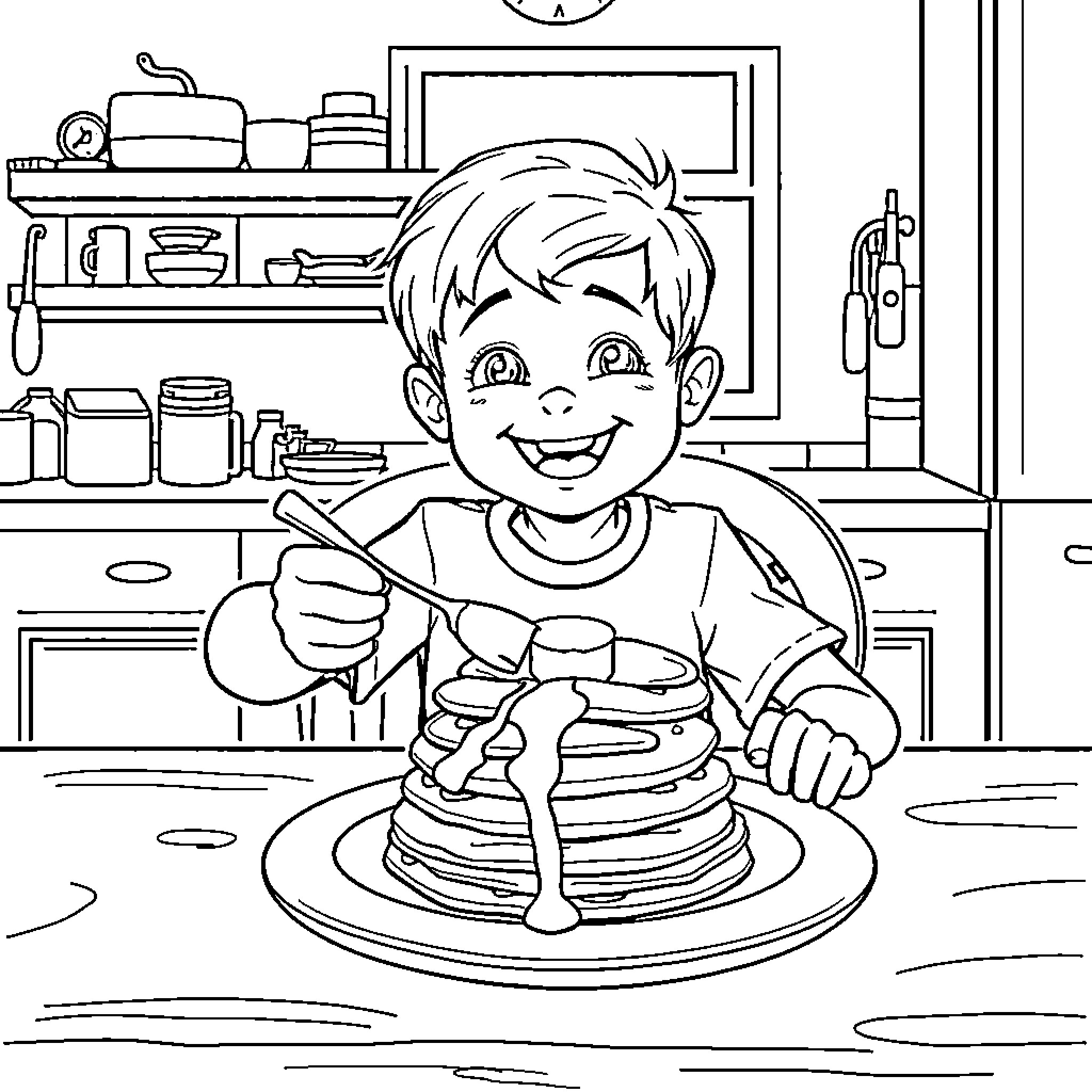 Boy happily enjoying pancakes in the kitchen Coloring Page (free black-and-white line drawing printable PDF for all, from beginners to advanced learners, including children, teens, adults, and seniors)