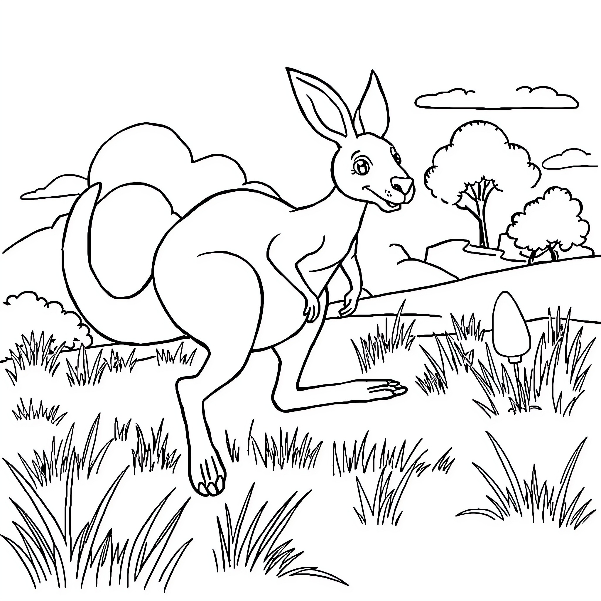 Kangaroo hopping in the countryside Coloring Page (free black-and-white line drawing printable PDF for all, from beginners to advanced learners, including children, teens, adults, and seniors)