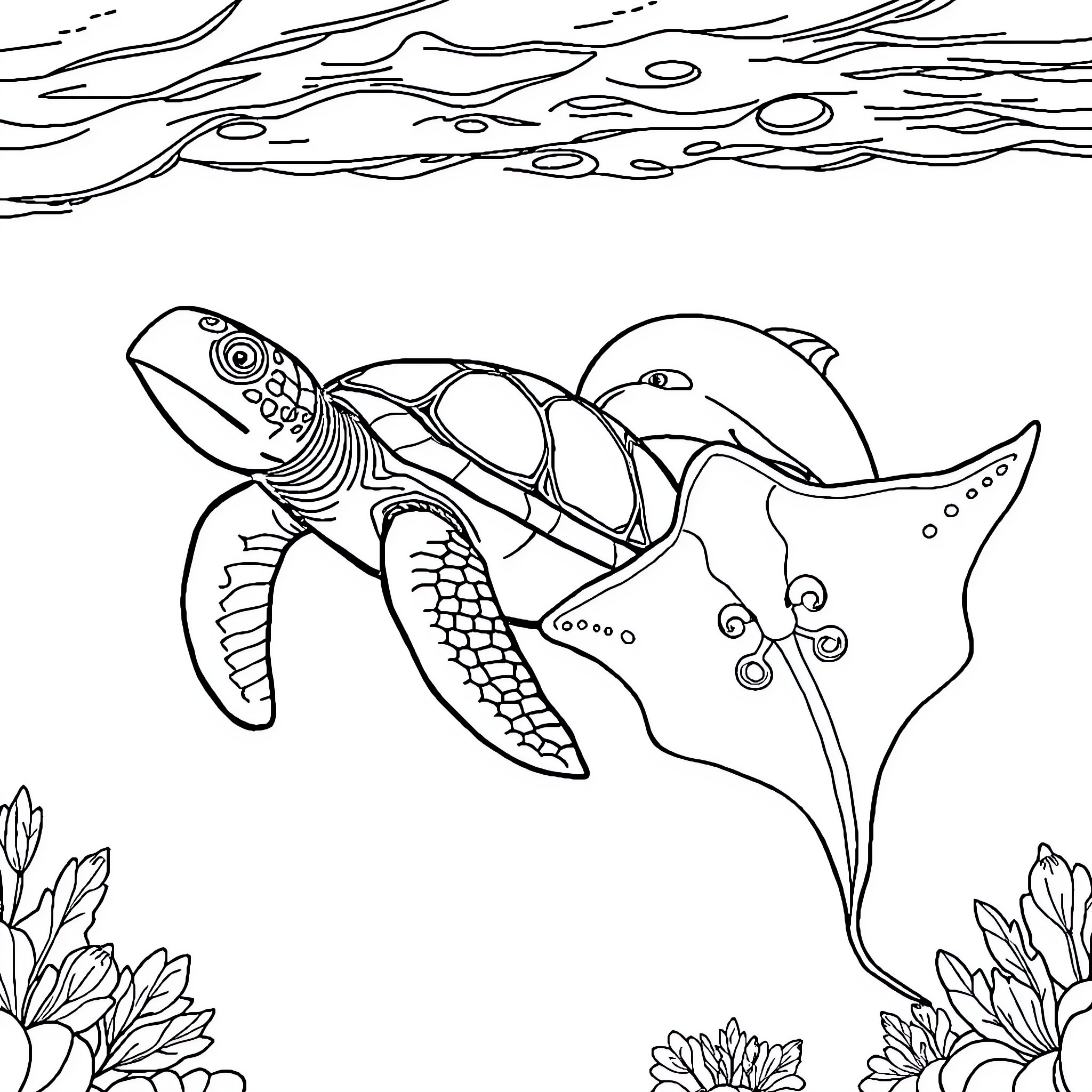 Turtle swimming with manta ray in the ocean Coloring Page (free black-and-white line drawing printable PDF for all, from beginners to advanced learners, including children, teens, adults, and seniors)