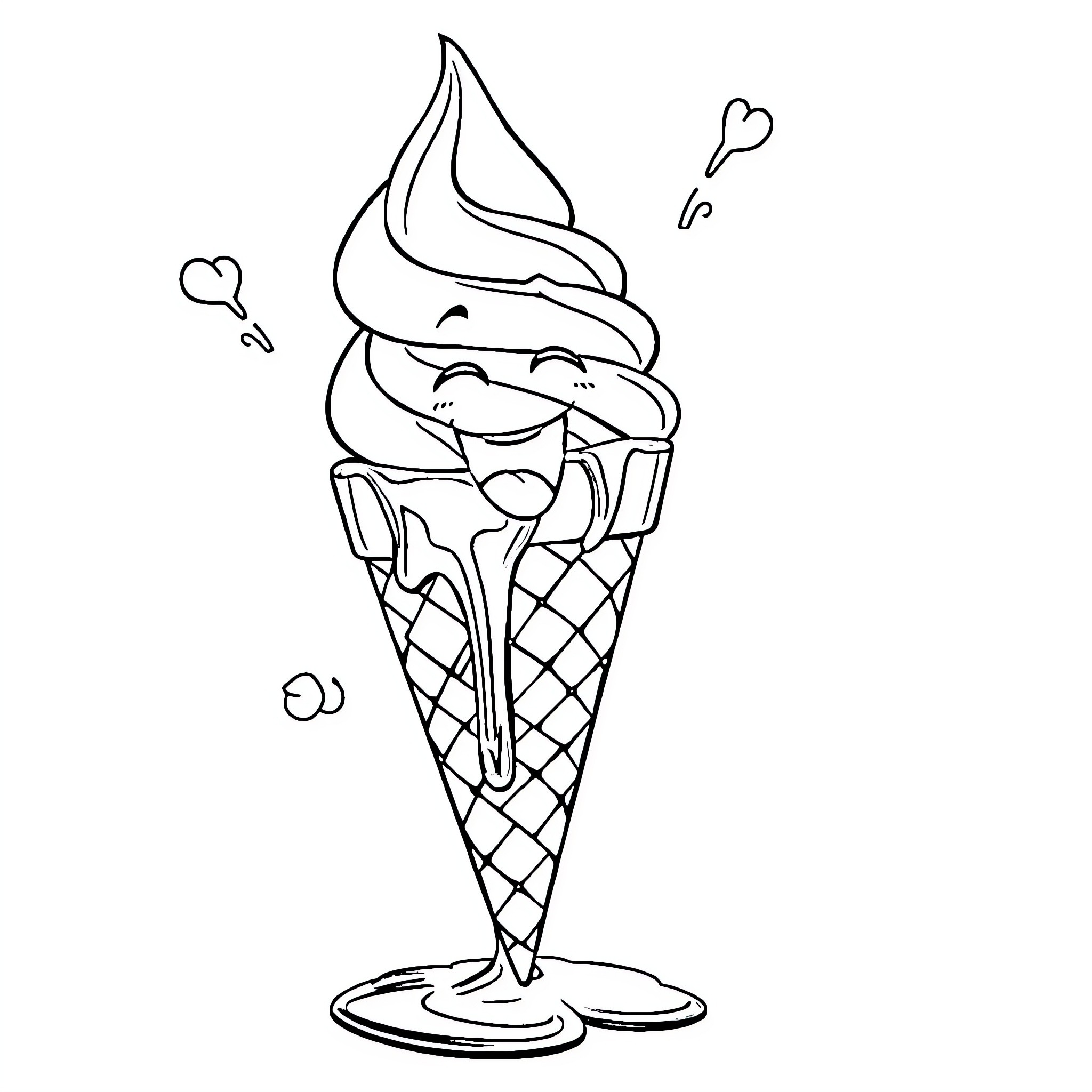 Ice Cream Cone with Smiling Character Coloring Page (free black-and-white line drawing printable PDF for all, from beginners to advanced learners, including children, teens, adults, and seniors)