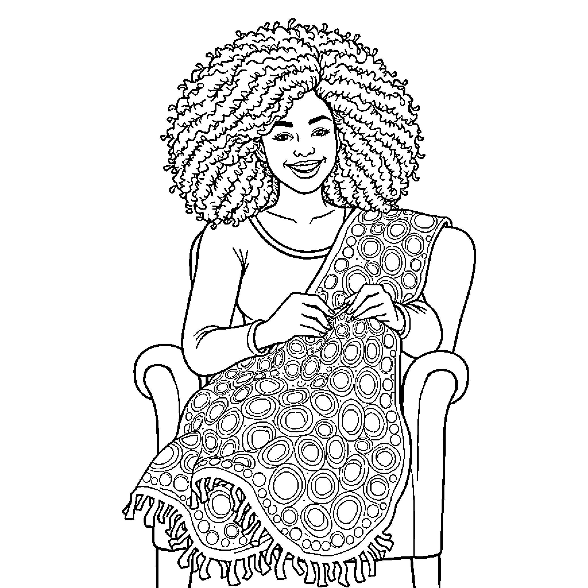 Woman with curly hair smiling and sitting in chair Coloring Page (free black-and-white line drawing printable PDF for all, from beginners to advanced learners, including children, teens, adults, and seniors)