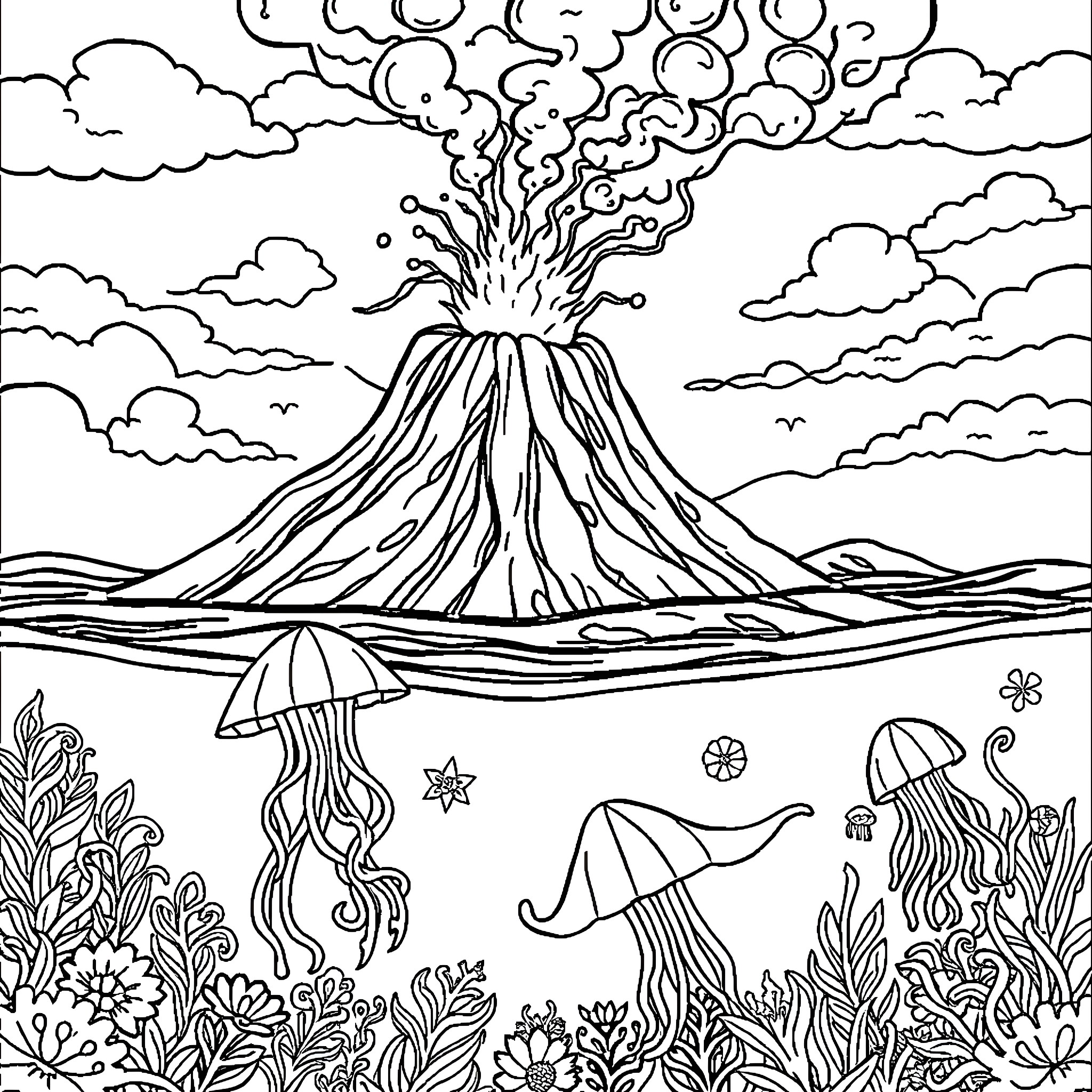 Volcano erupting with dramatic scenery Coloring Page (free black-and-white line drawing printable PDF for all, from beginners to advanced learners, including children, teens, adults, and seniors)