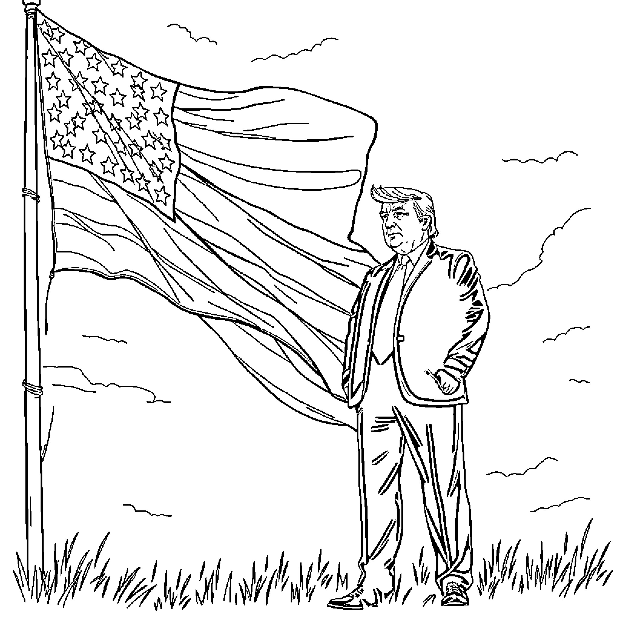 Trump standing proudly by the American flag Coloring Page (free black-and-white line drawing printable PDF for all, from beginners to advanced learners, including children, teens, adults, and seniors)