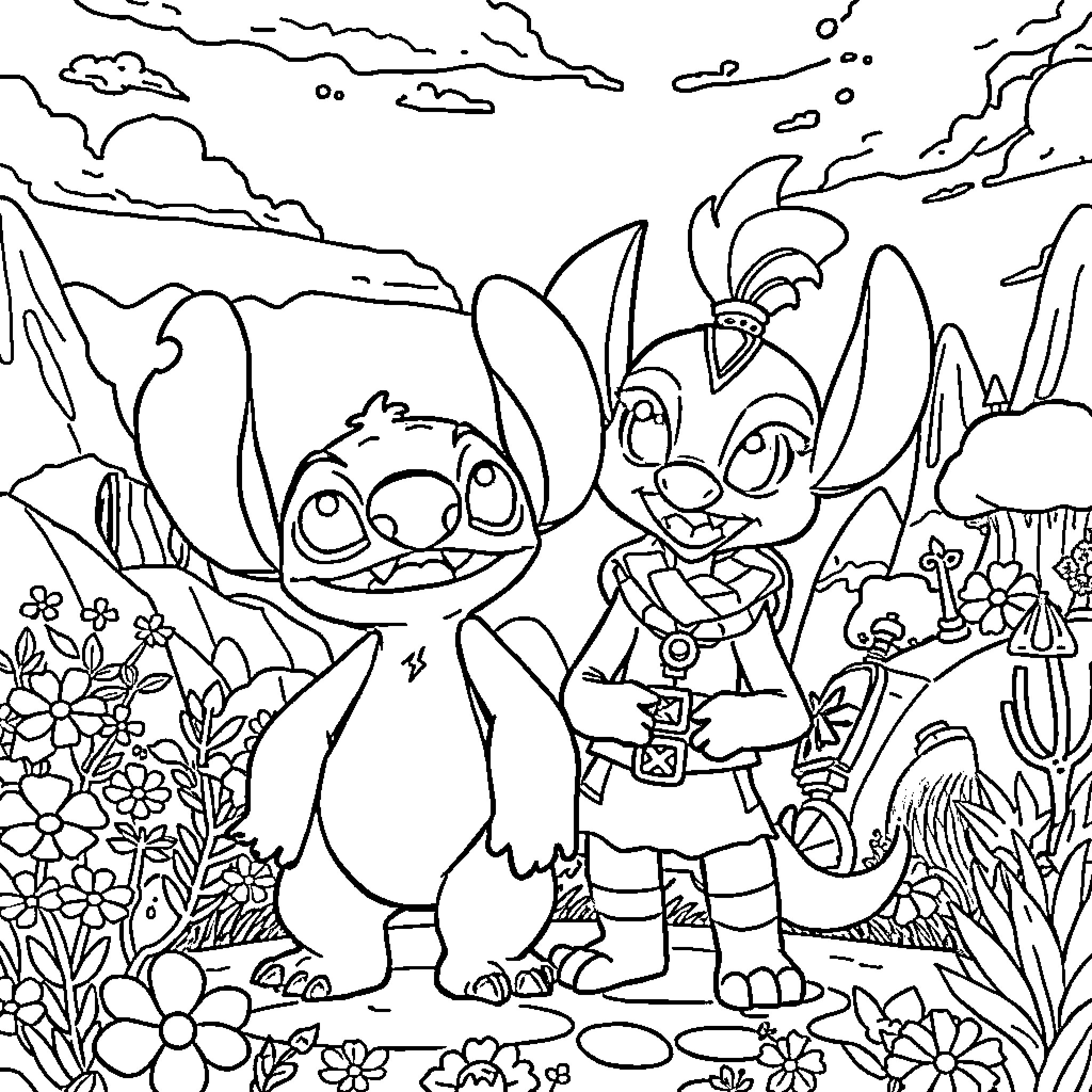 Stitch and Jumba exploring a tropical jungle Coloring Page (free black-and-white line drawing printable PDF for all, from beginners to advanced learners, including children, teens, adults, and seniors)
