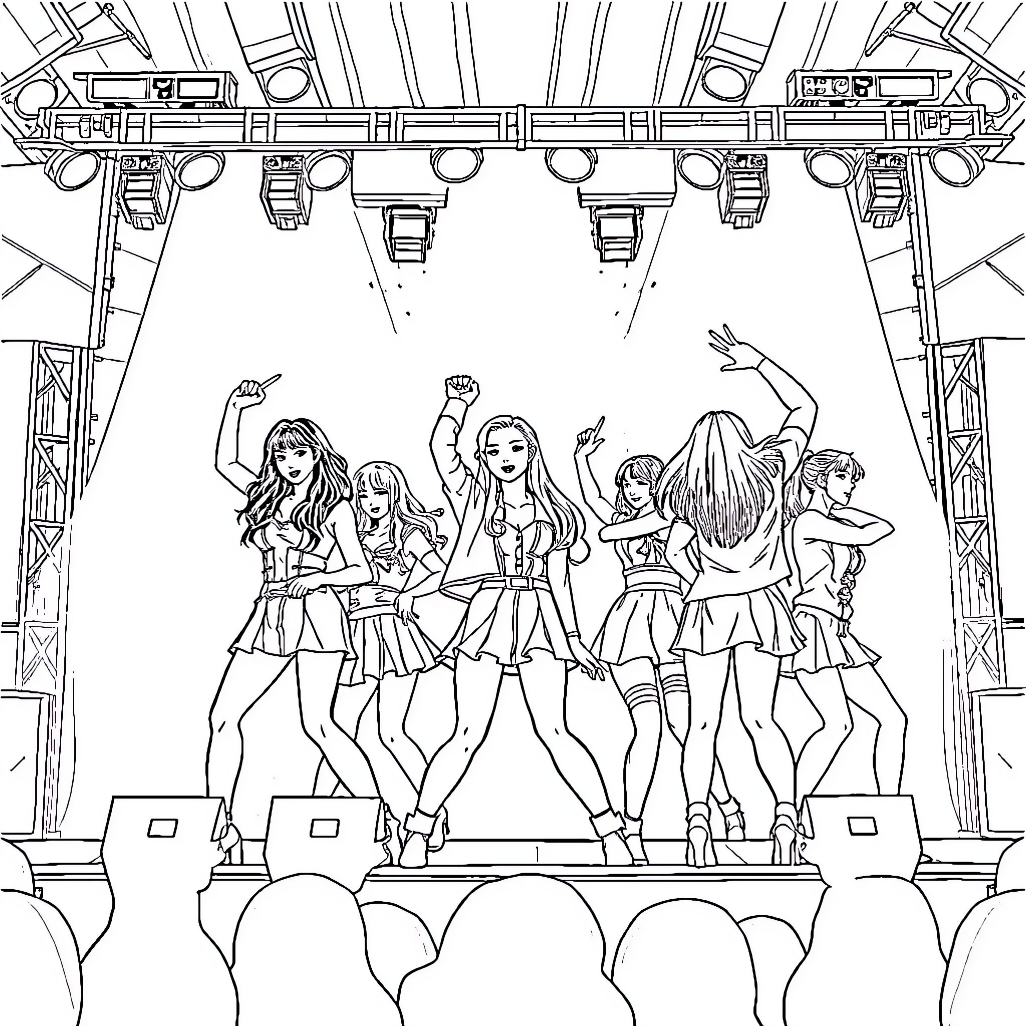 Kpop Group Performing Energetic Dance Routine on Stage Coloring Page (free black-and-white line drawing printable PDF for all, from beginners to advanced learners, including children, teens, adults, and seniors)