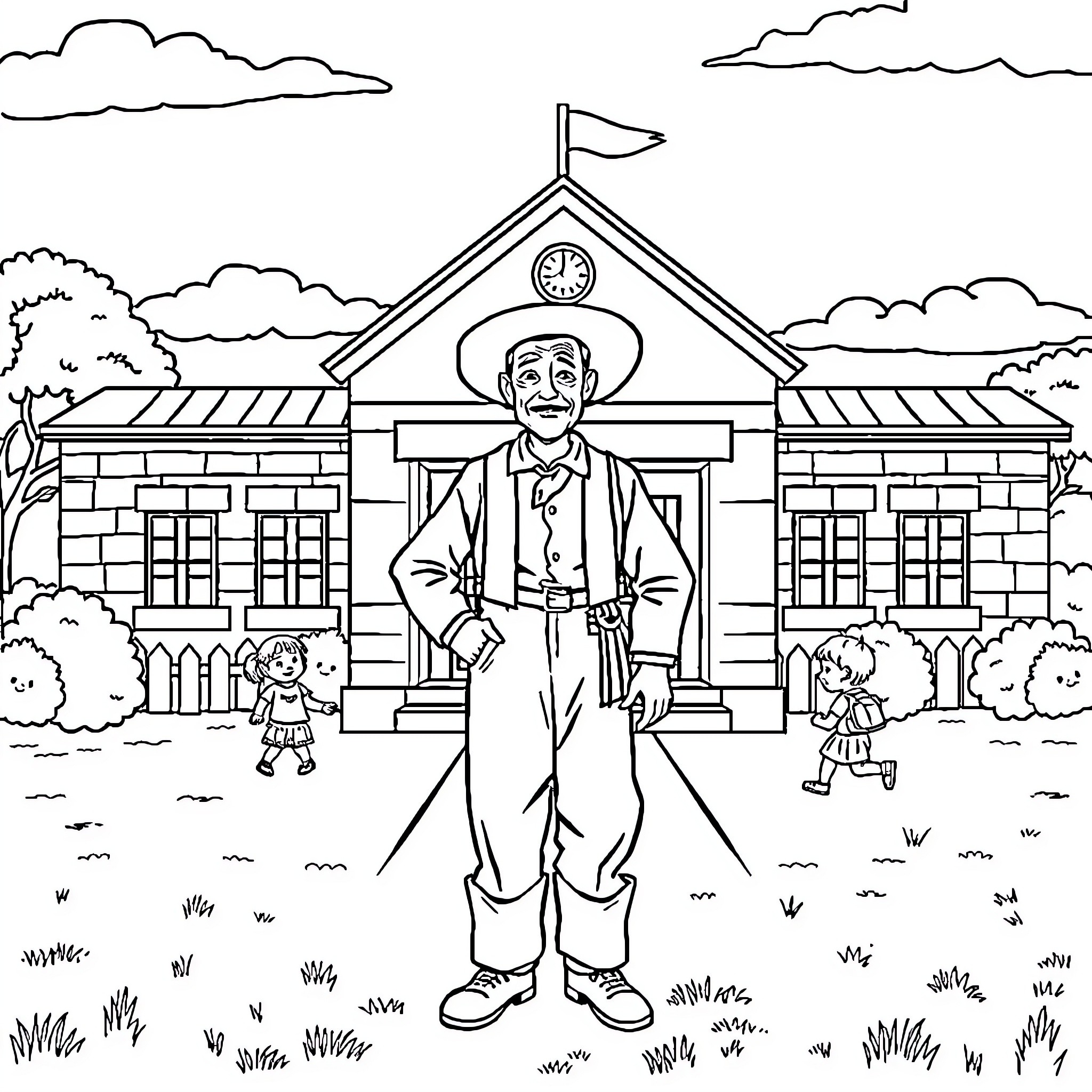 Pioneer standing proudly outside schoolhouse with children Coloring Page (free black-and-white line drawing printable PDF for all, from beginners to advanced learners, including children, teens, adults, and seniors)