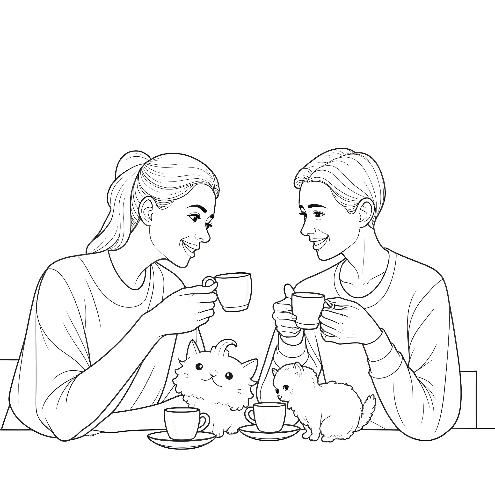 Cat owners enjoying coffee with their pets Coloring Page (free black-and-white line drawing printable PDF for all, from beginners to advanced learners, including children, teens, adults, and seniors)