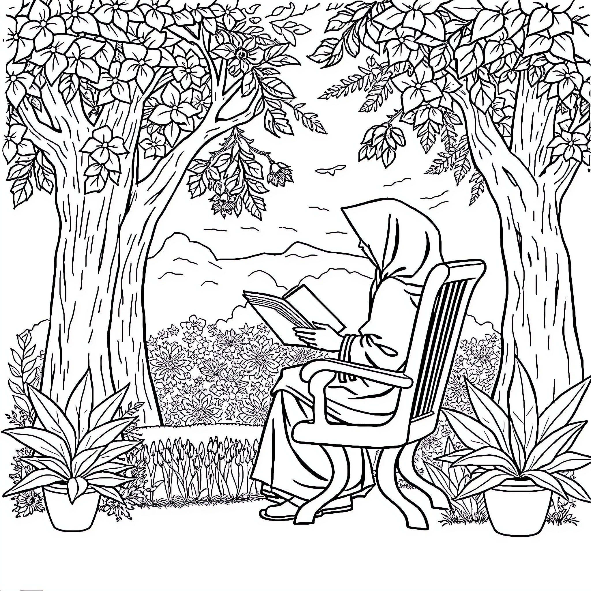 Swing through the Nature's Garden Coloring Page (free black-and-white line drawing printable PDF for all, from beginners to advanced learners, including children, teens, adults, and seniors)