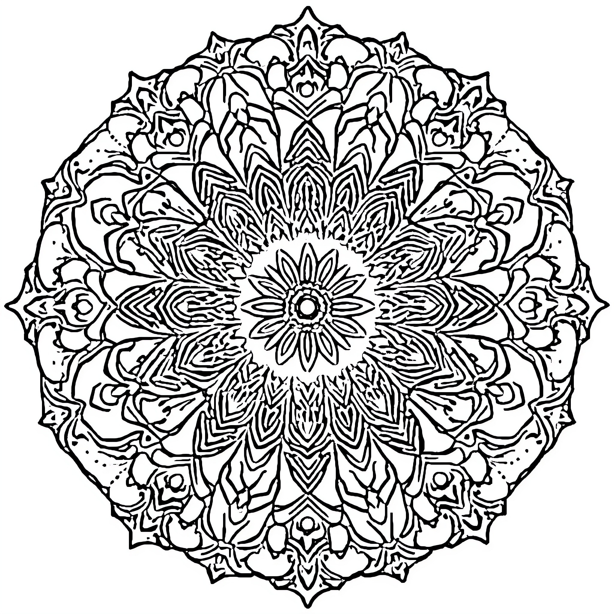 Mandala of intricate floral patterns Coloring Page (free black-and-white line drawing printable PDF for all, from beginners to advanced learners, including children, teens, adults, and seniors)