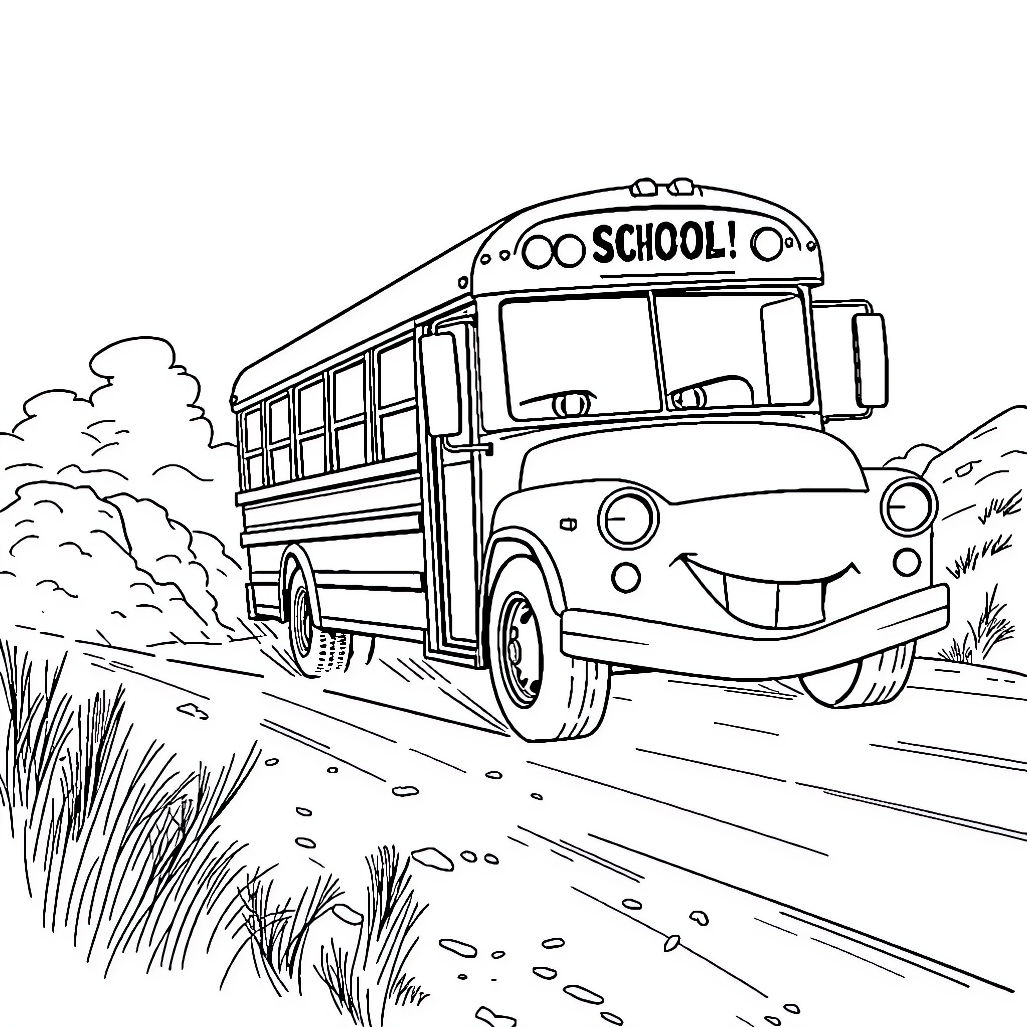 Mater's Happy School Bus Adventure Coloring Page (free black-and-white line drawing printable PDF for all, from beginners to advanced learners, including children, teens, adults, and seniors)