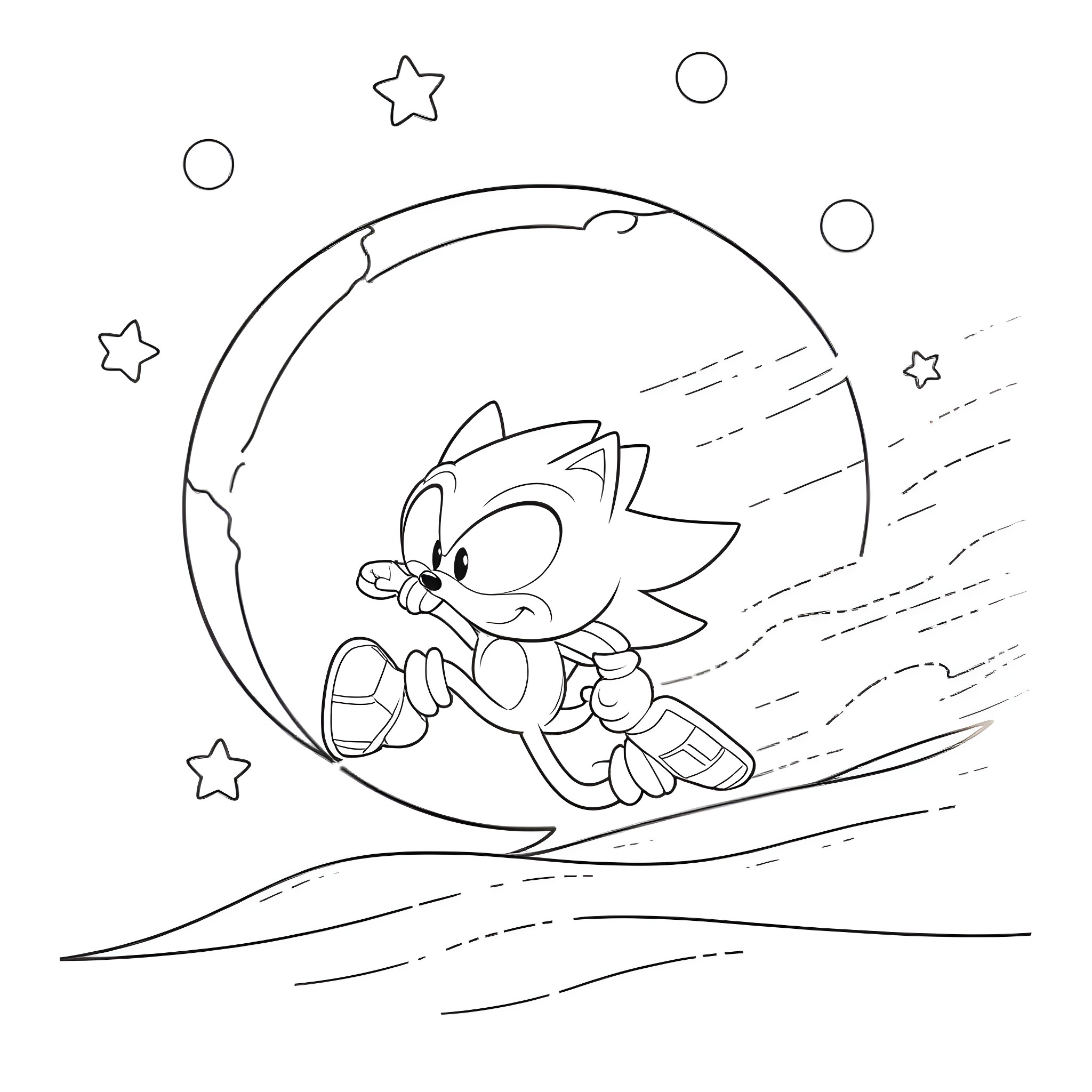 Sonic racing through the starry night Coloring Page (free black-and-white line drawing printable PDF for all, from beginners to advanced learners, including children, teens, adults, and seniors)