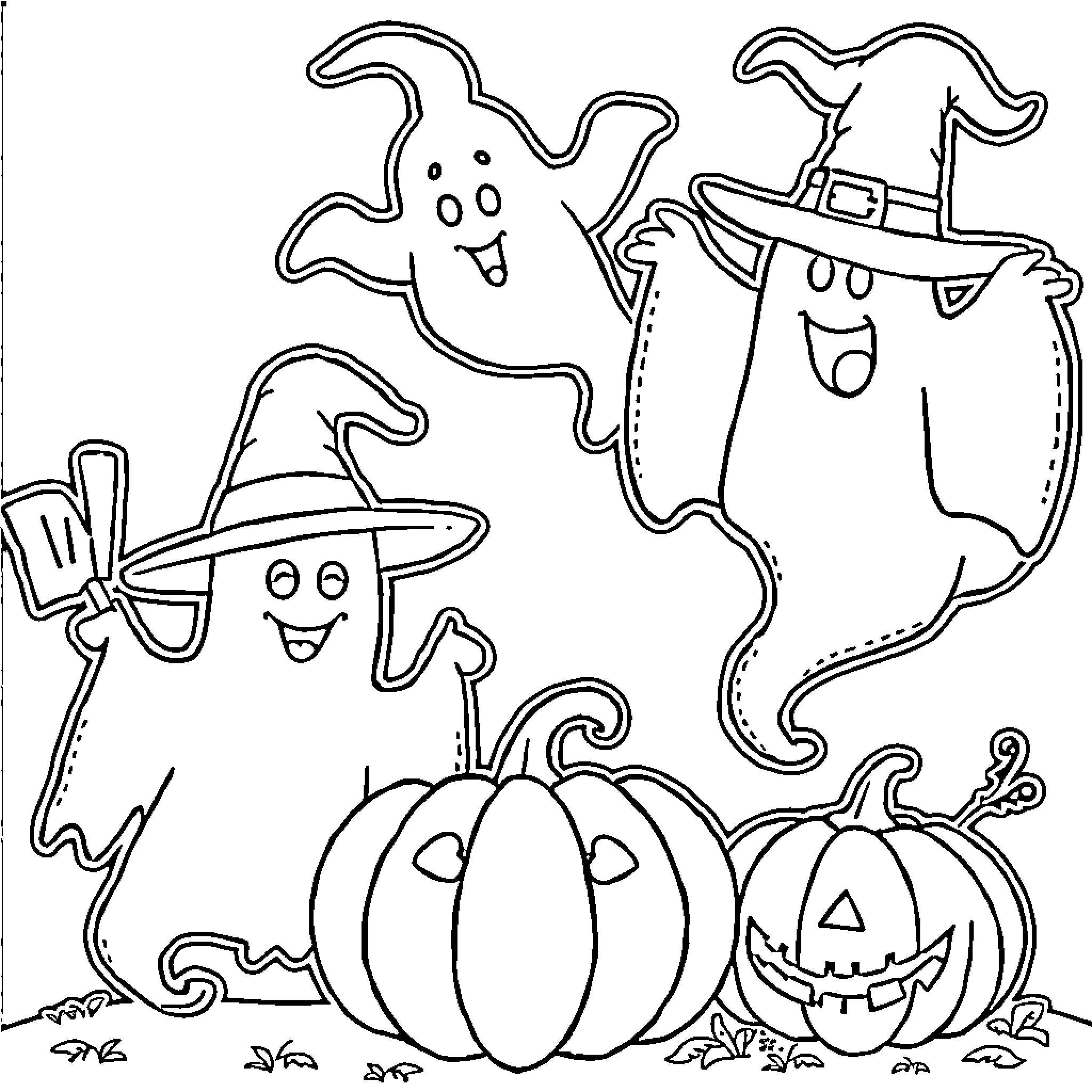 Halloween Character Ghosts, Witch, and Pumpkins Coloring Page (free black-and-white line drawing printable PDF for all, from beginners to advanced learners, including children, teens, adults, and seniors)