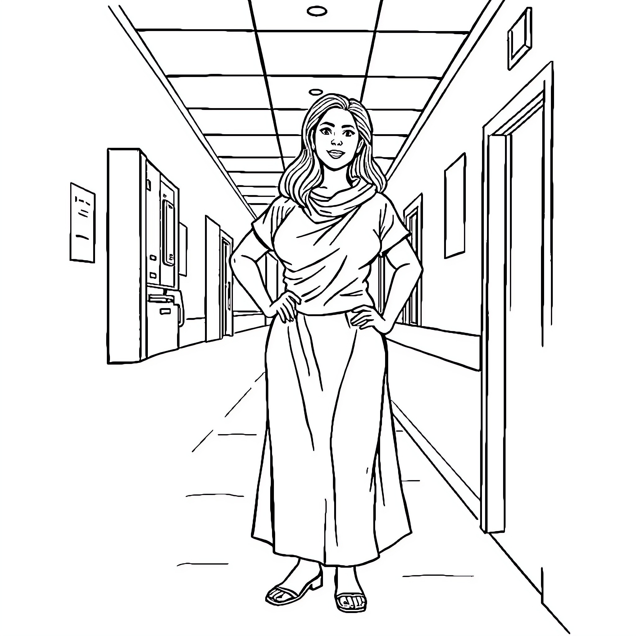 Mother in Contemplative Pose in Hospital Hallway Coloring Page (free black-and-white line drawing printable PDF for all, from beginners to advanced learners, including children, teens, adults, and seniors)