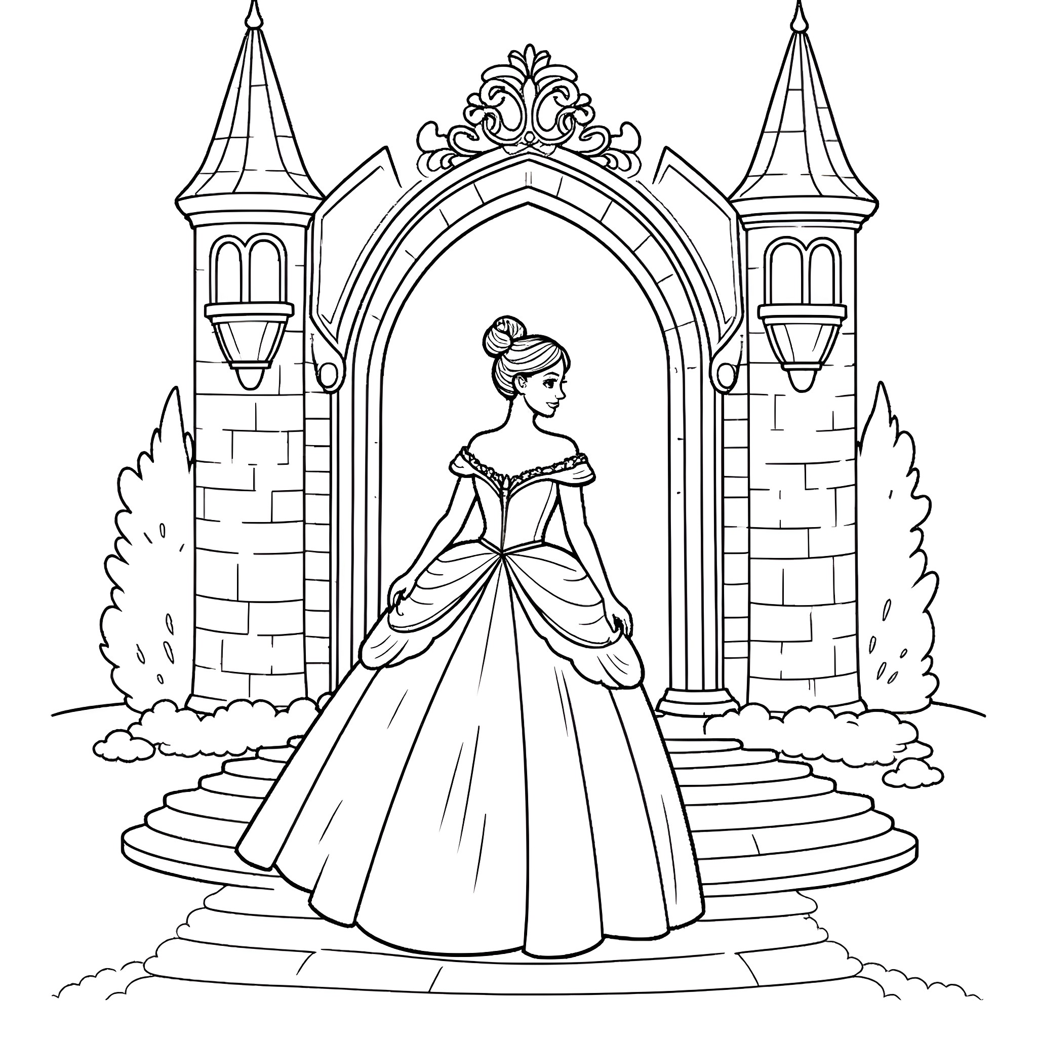 Princess standing in front of ornate castle gates Coloring Page (free black-and-white line drawing printable PDF for all, from beginners to advanced learners, including children, teens, adults, and seniors)