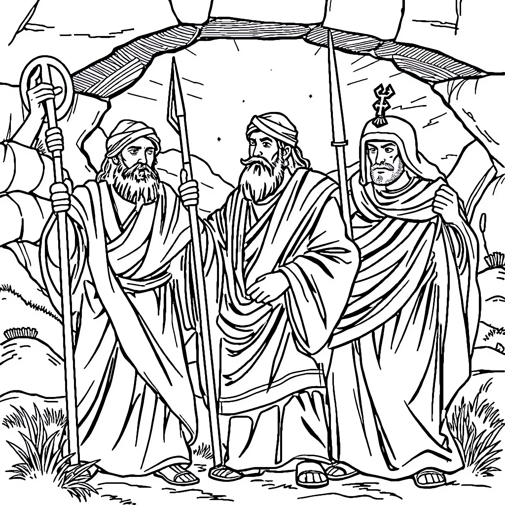Biblical Characters in Contemplative Pose Coloring Page (free black-and-white line drawing printable PDF for all, from beginners to advanced learners, including children, teens, adults, and seniors)