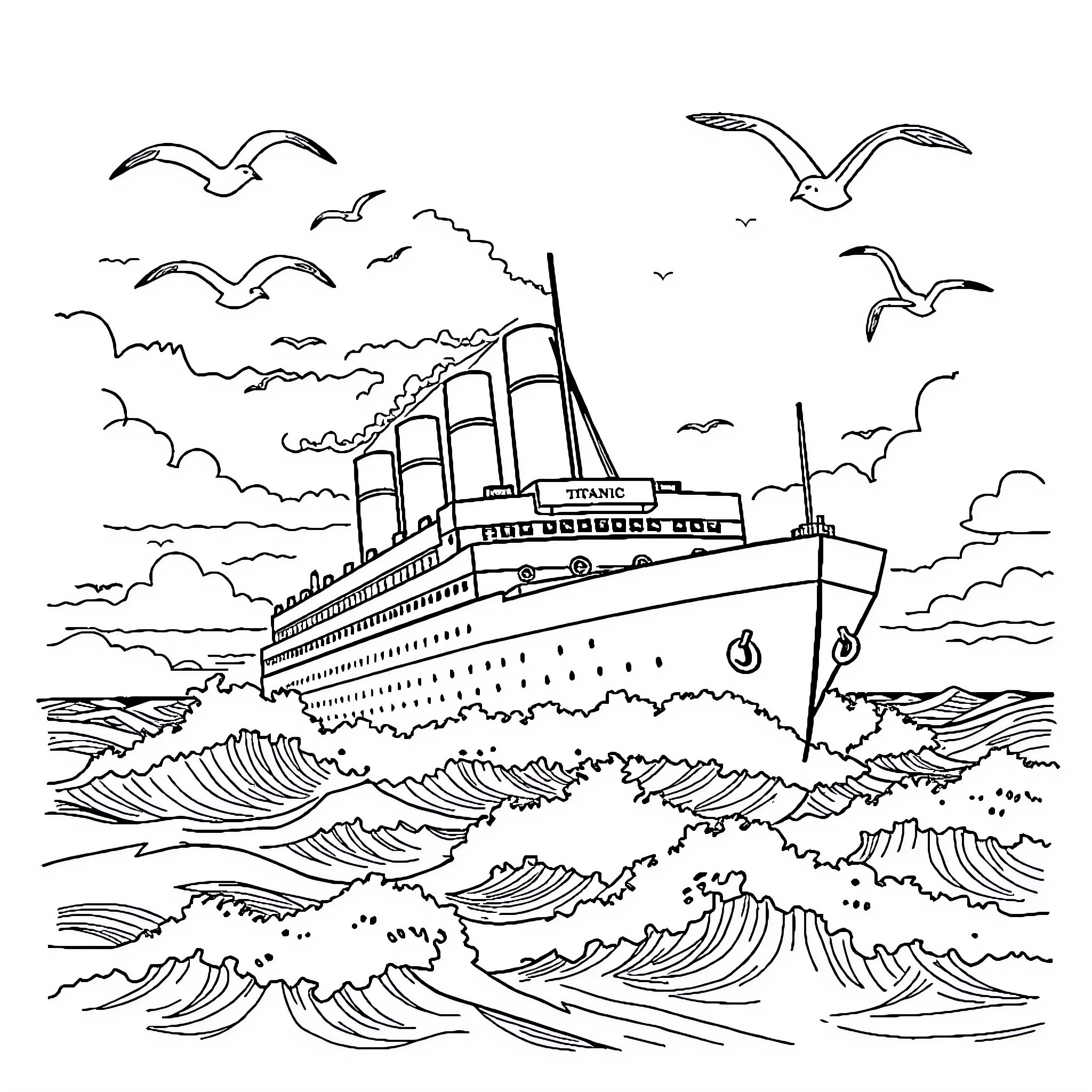 Titanic sailing on stormy seas with seagulls Coloring Page (free black-and-white line drawing printable PDF for all, from beginners to advanced learners, including children, teens, adults, and seniors)