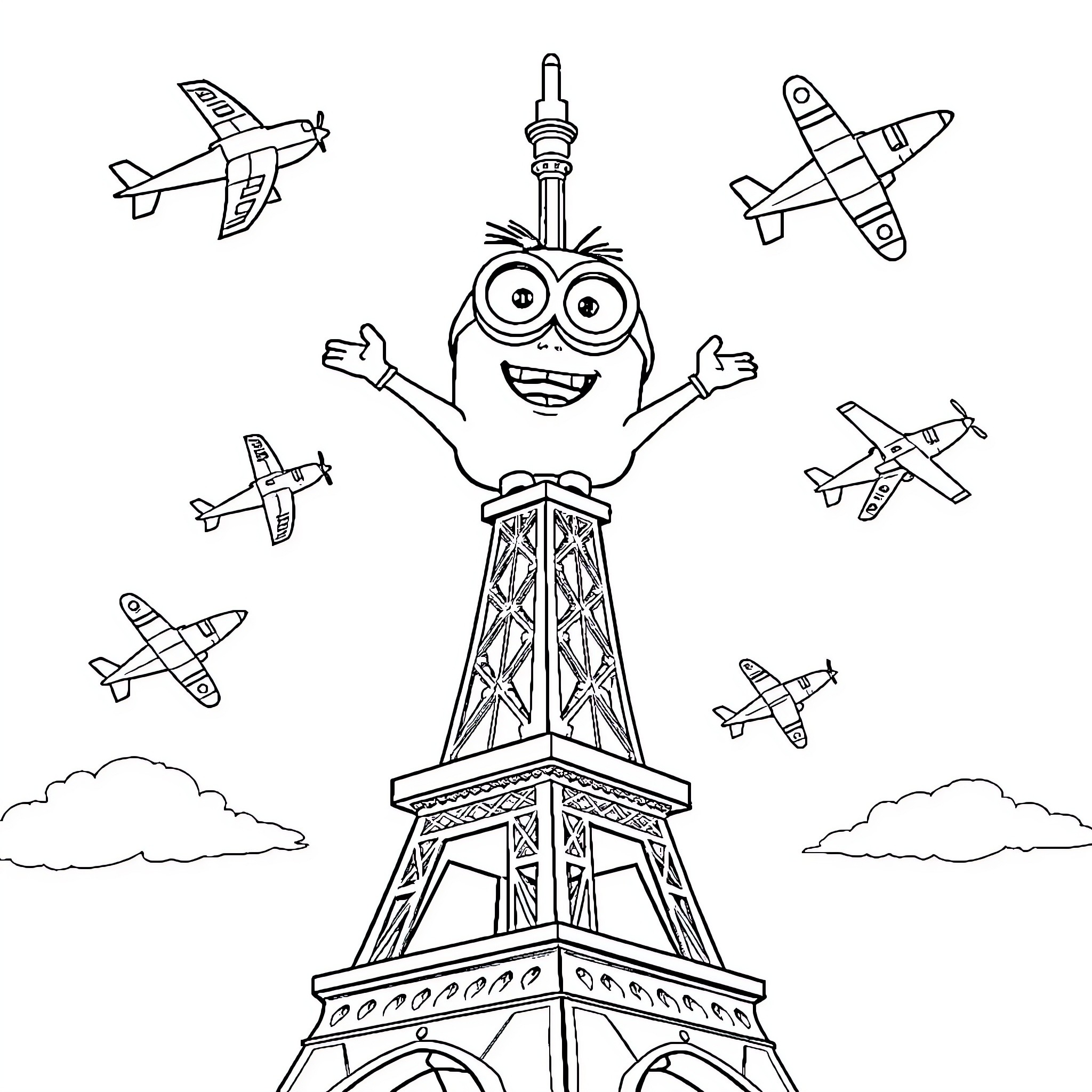 Minion having fun with airplanes at the Eiffel Tower Coloring Page (free black-and-white line drawing printable PDF for all, from beginners to advanced learners, including children, teens, adults, and seniors)