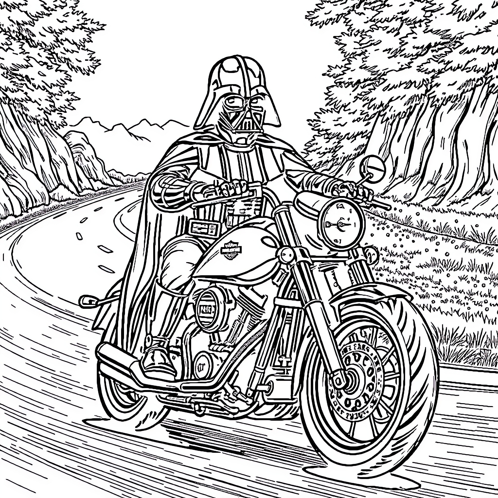 Darth Vader rides a motorcycle through the forest Coloring Page (free black-and-white line drawing printable PDF for all, from beginners to advanced learners, including children, teens, adults, and seniors)