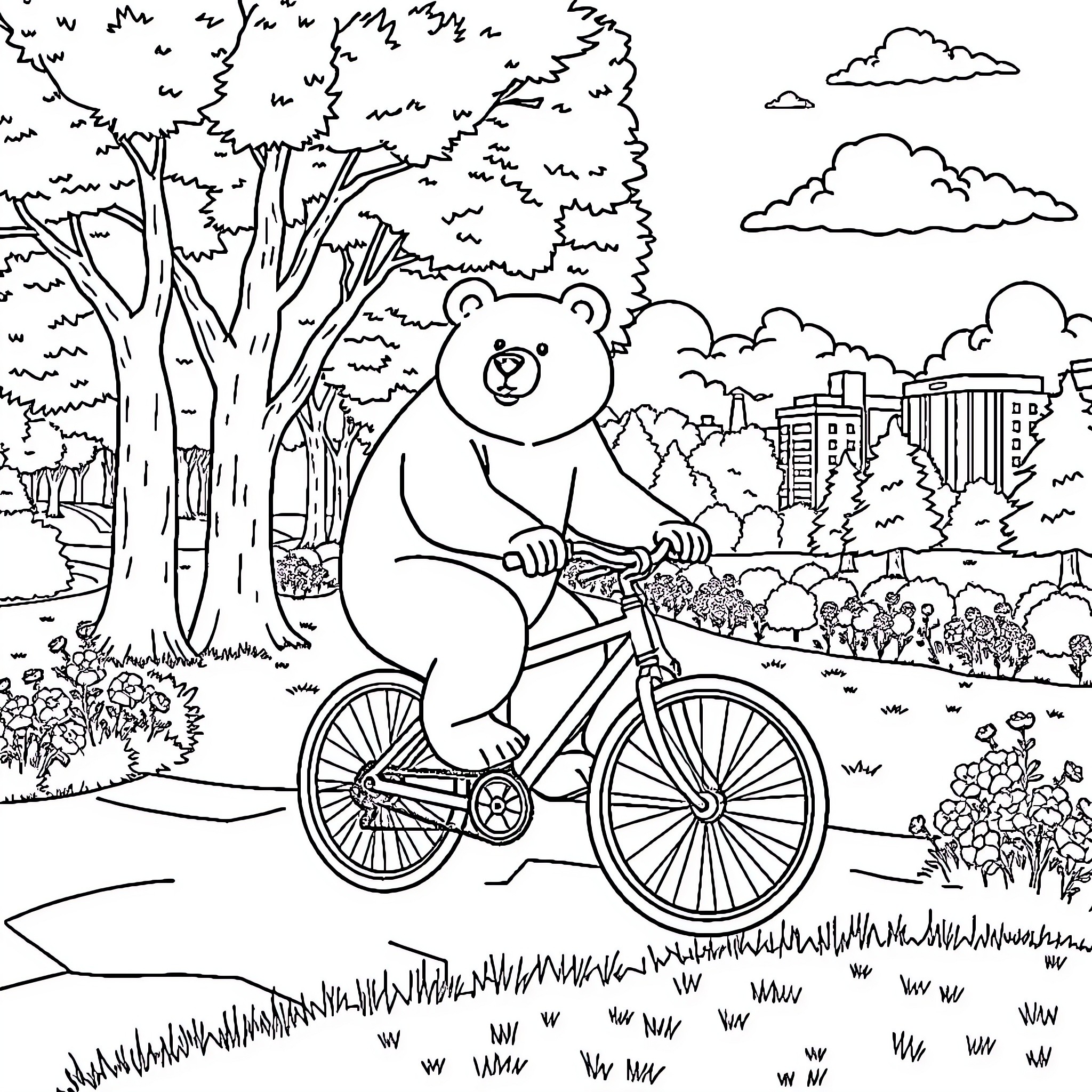 Bear riding a bicycle in the park Coloring Page (free black-and-white line drawing printable PDF for all, from beginners to advanced learners, including children, teens, adults, and seniors)