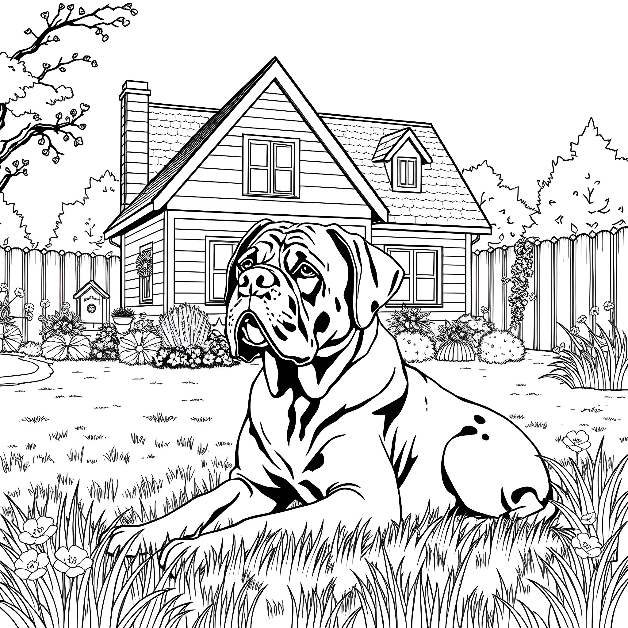 Mastiff guarding a cozy country house Coloring Page (free black-and-white line drawing printable PDF for all, from beginners to advanced learners, including children, teens, adults, and seniors)