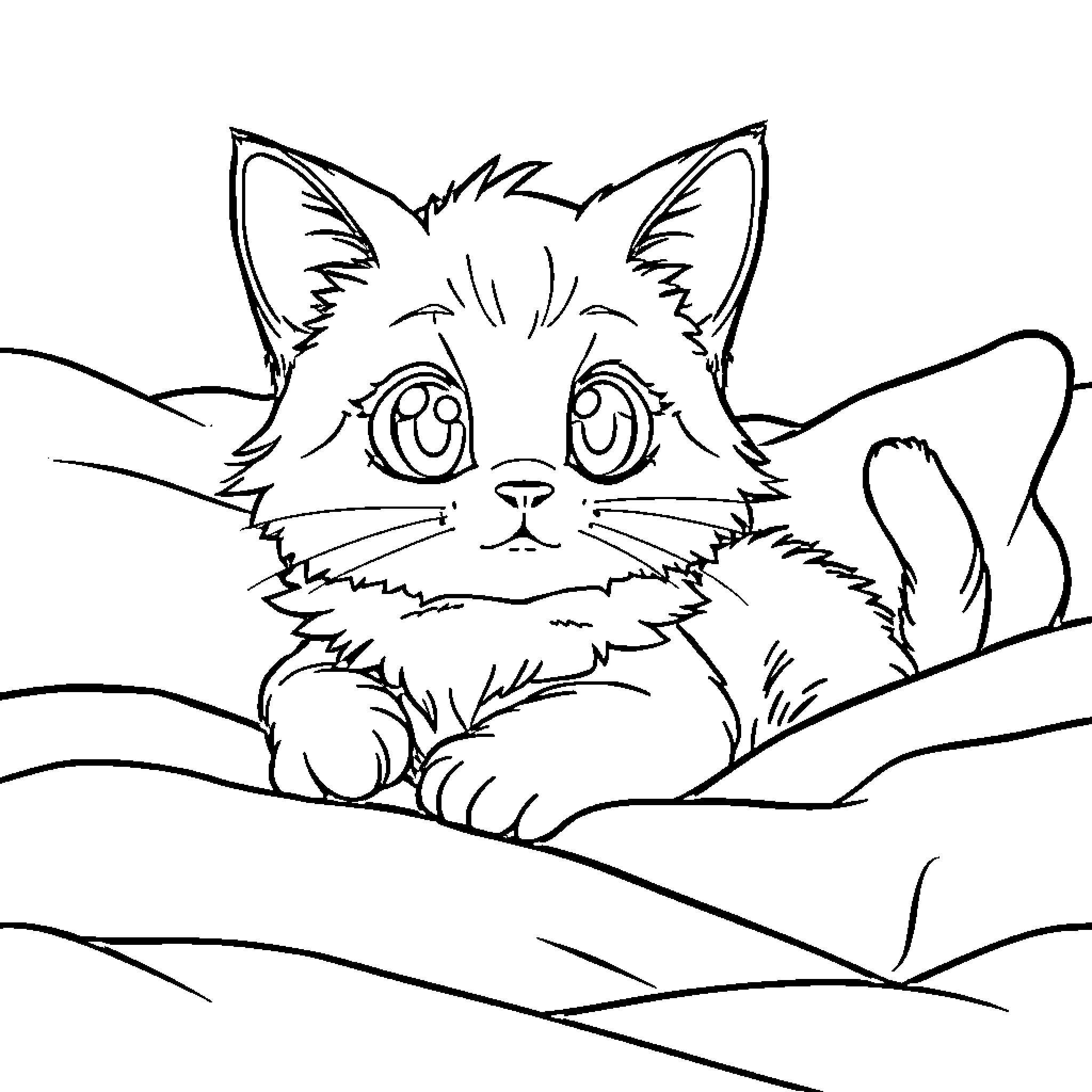 Cat resting in a cozy environment Coloring Page (free black-and-white line drawing printable PDF for all, from beginners to advanced learners, including children, teens, adults, and seniors)