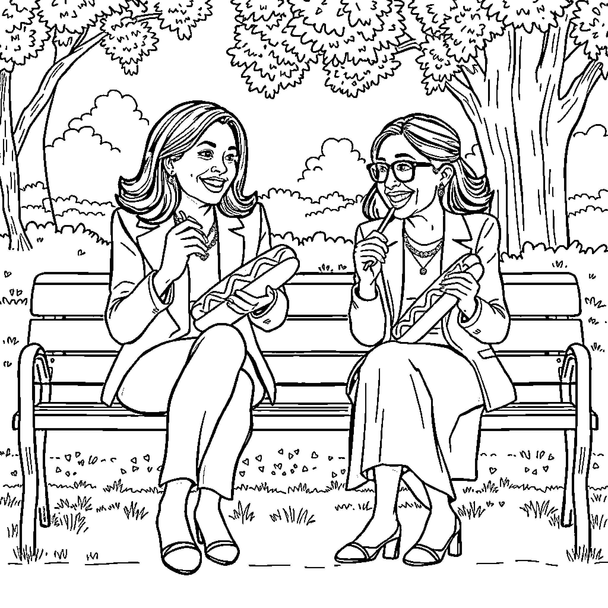 Hotdog ladies enjoying conversation on park bench Coloring Page (free black-and-white line drawing printable PDF for all, from beginners to advanced learners, including children, teens, adults, and seniors)