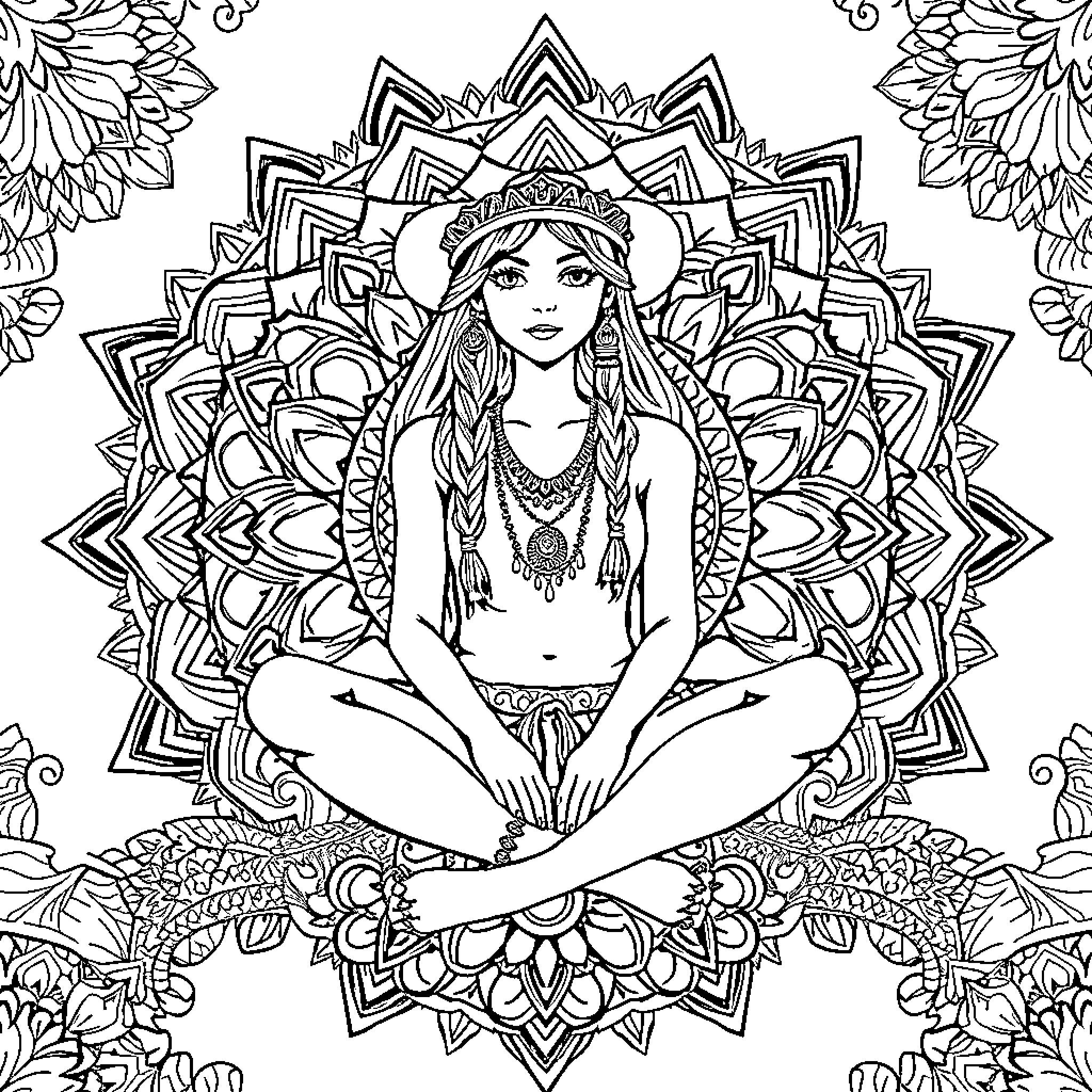 Hippy Girl Meditating in Ornate Mandala Setting Coloring Page (free black-and-white line drawing printable PDF for all, from beginners to advanced learners, including children, teens, adults, and seniors)