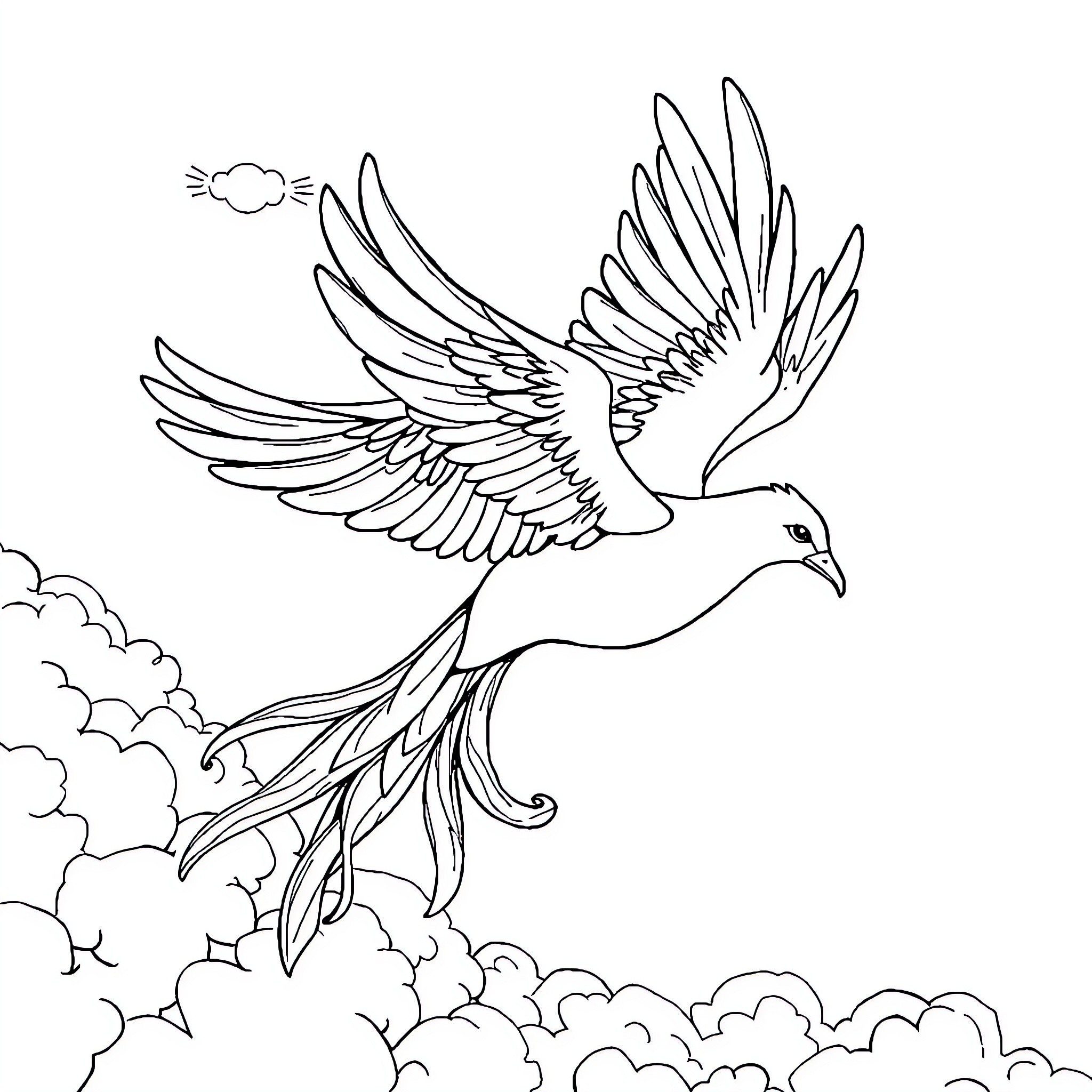 Parrot soaring gracefully through the clouds Coloring Page (free black-and-white line drawing printable PDF for all, from beginners to advanced learners, including children, teens, adults, and seniors)
