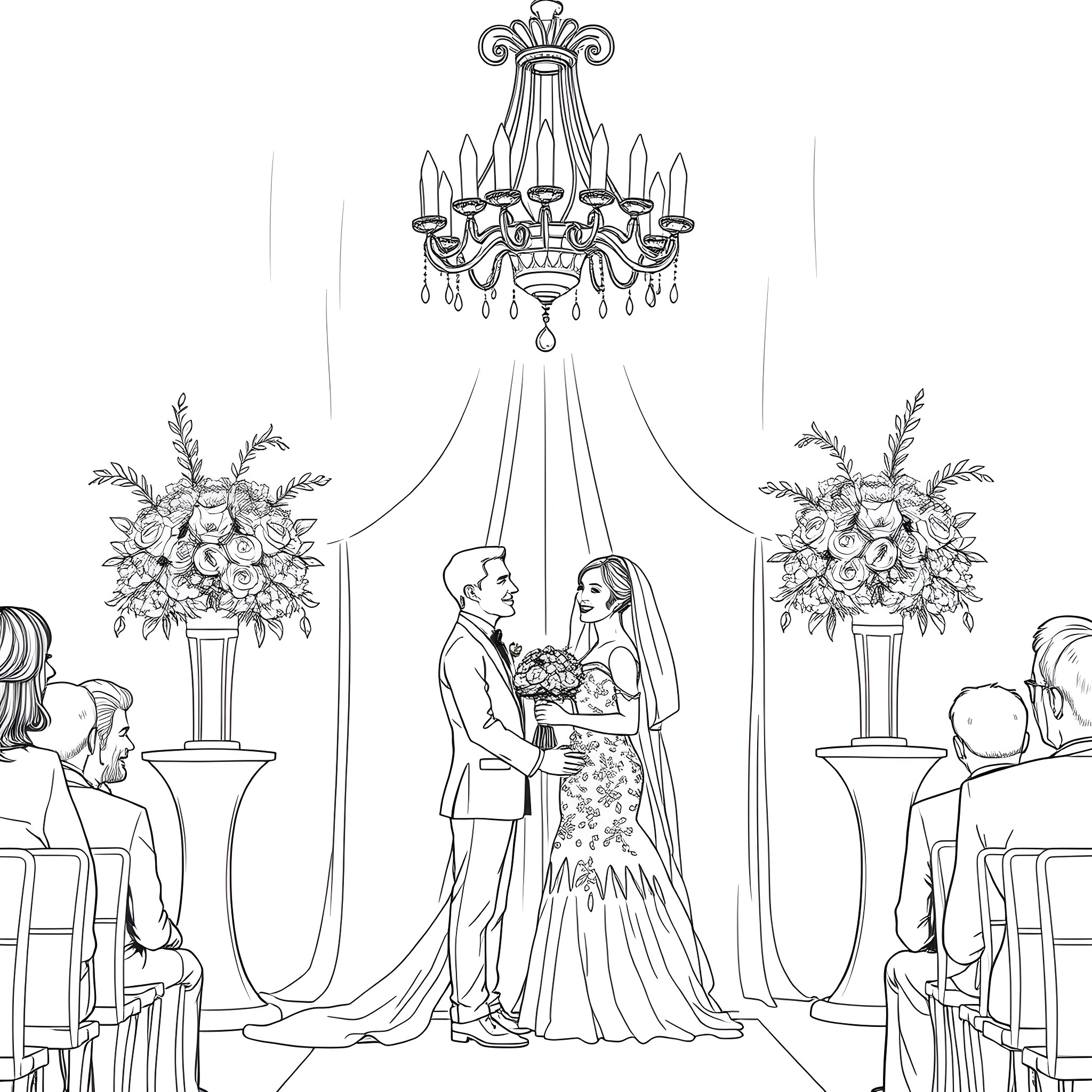 Bride and Groom's Elegant Wedding Ceremony Coloring Page (free black-and-white line drawing printable PDF for all, from beginners to advanced learners, including children, teens, adults, and seniors)