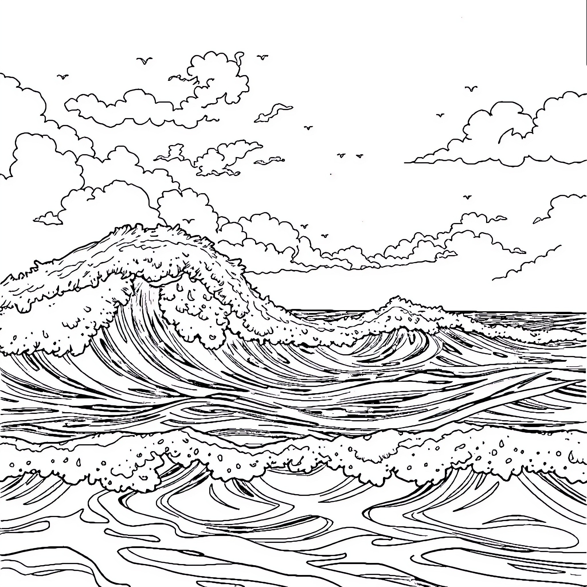 Mermaid swimming among crashing ocean waves Coloring Page (free black-and-white line drawing printable PDF for all, from beginners to advanced learners, including children, teens, adults, and seniors)