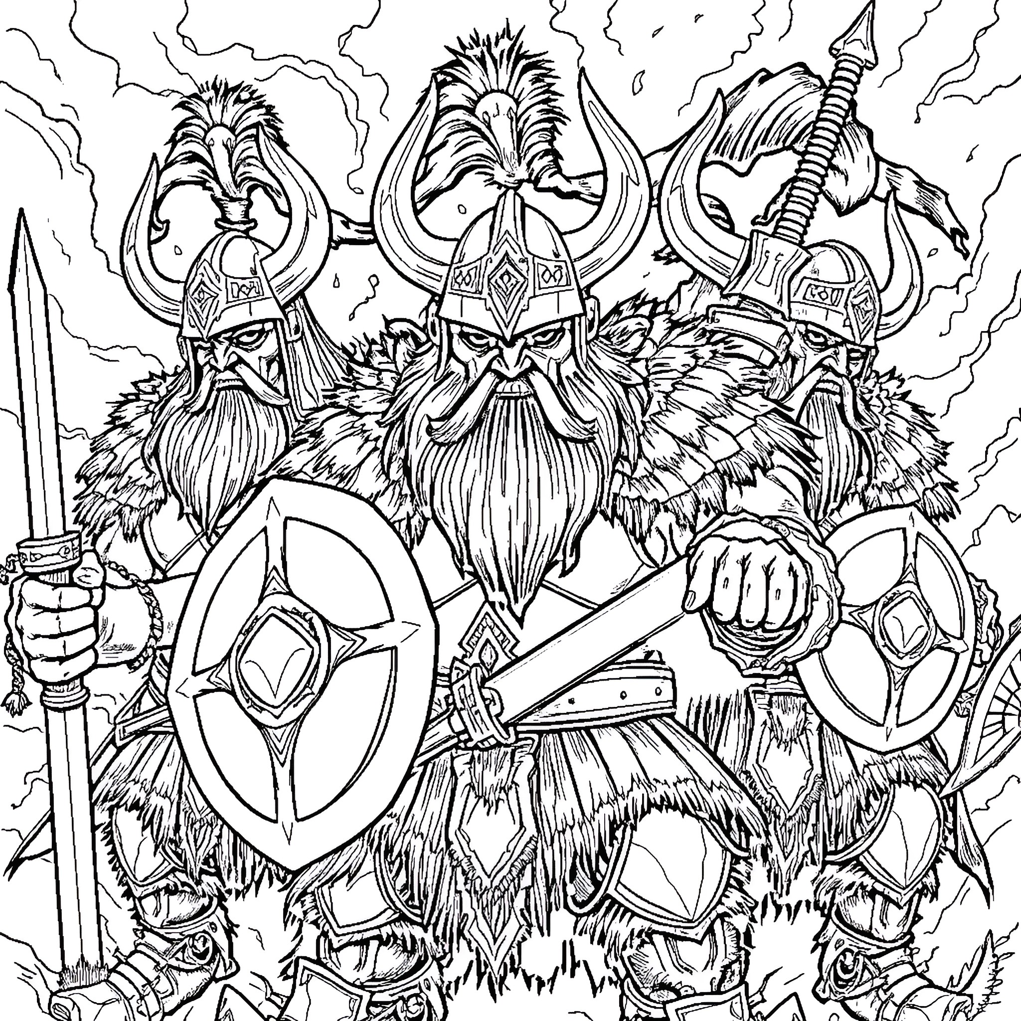 Ork warriors in fierce battle formation Coloring Page (free black-and-white line drawing printable PDF for all, from beginners to advanced learners, including children, teens, adults, and seniors)