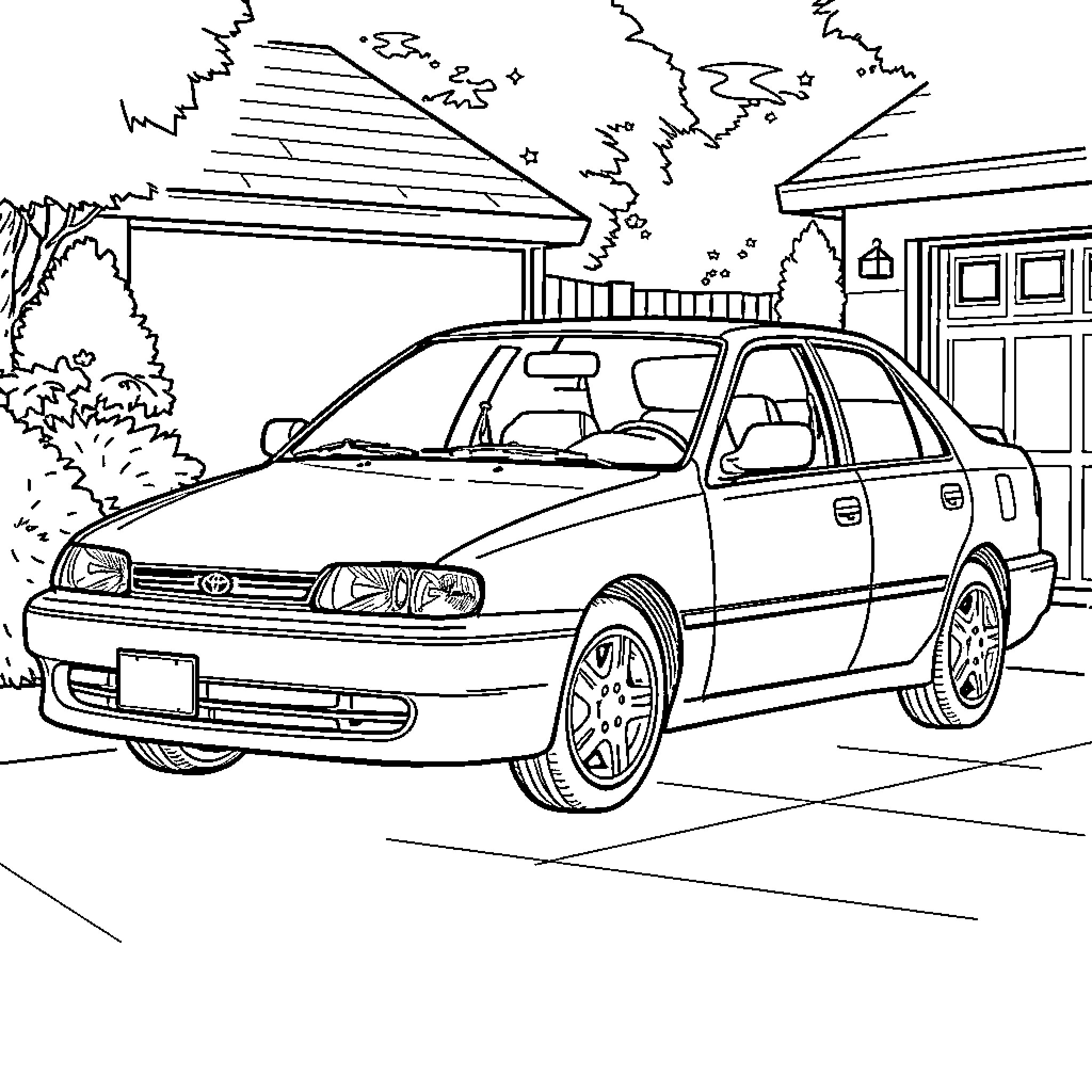Toyota Corolla parked on a suburban street Coloring Page (free black-and-white line drawing printable PDF for all, from beginners to advanced learners, including children, teens, adults, and seniors)