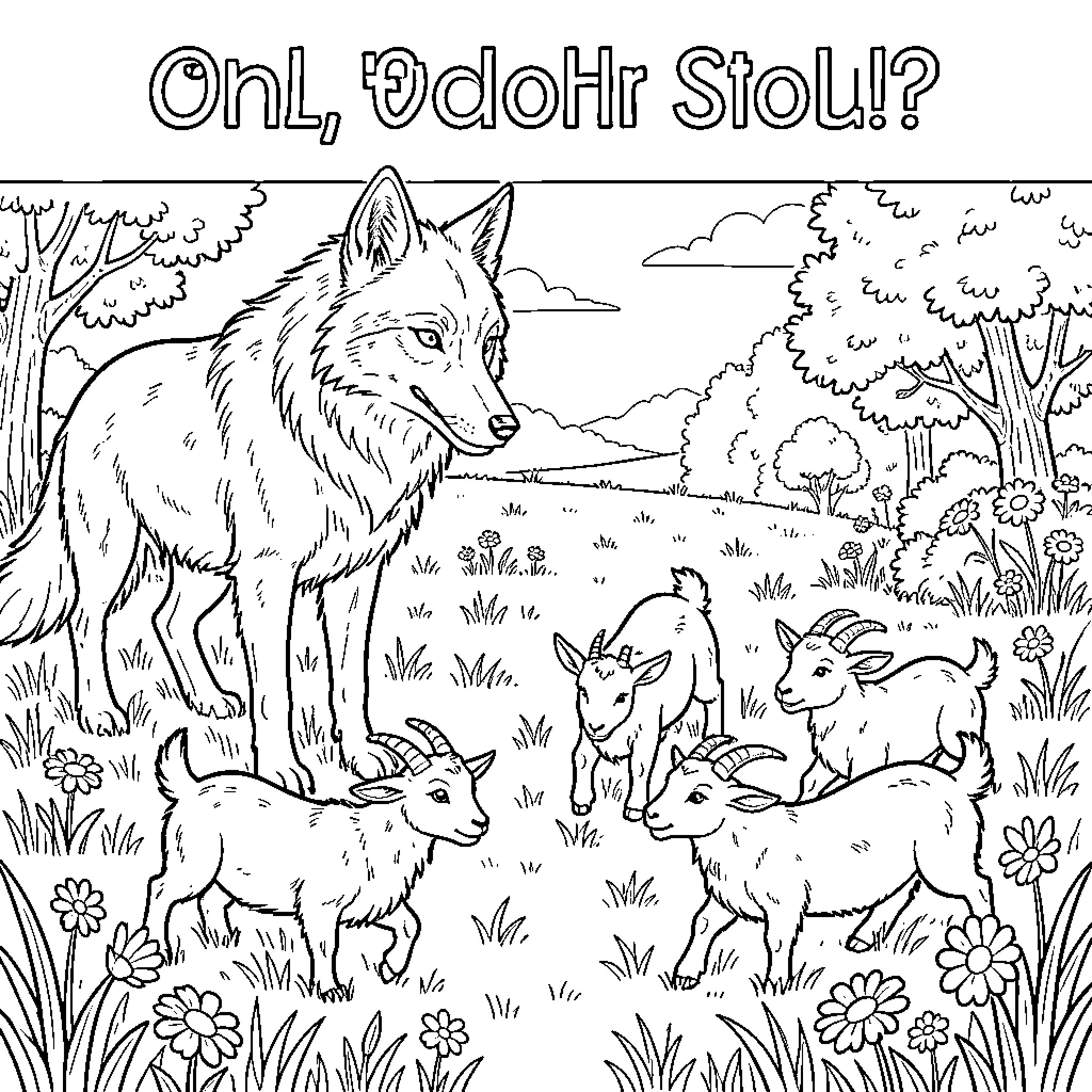 Wolf watching over curious baby animals in the forest Coloring Page (free black-and-white line drawing printable PDF for all, from beginners to advanced learners, including children, teens, adults, and seniors)