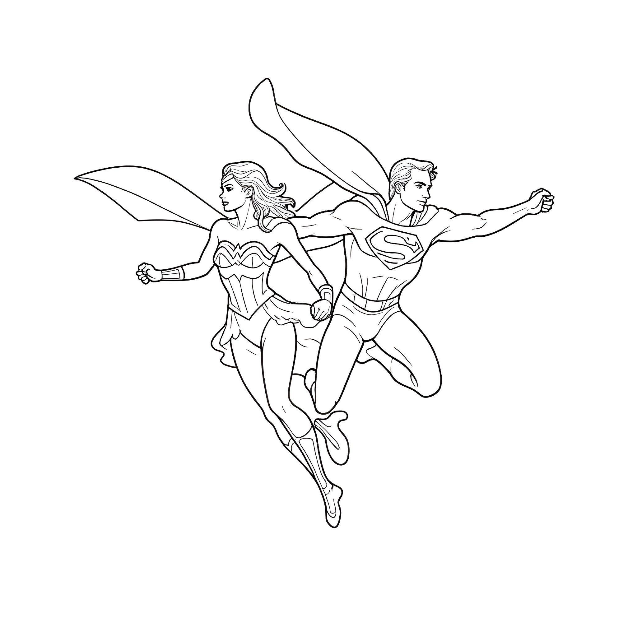 Wonder Woman and Superman flying in action Coloring Page (free black-and-white line drawing printable PDF for all, from beginners to advanced learners, including children, teens, adults, and seniors)
