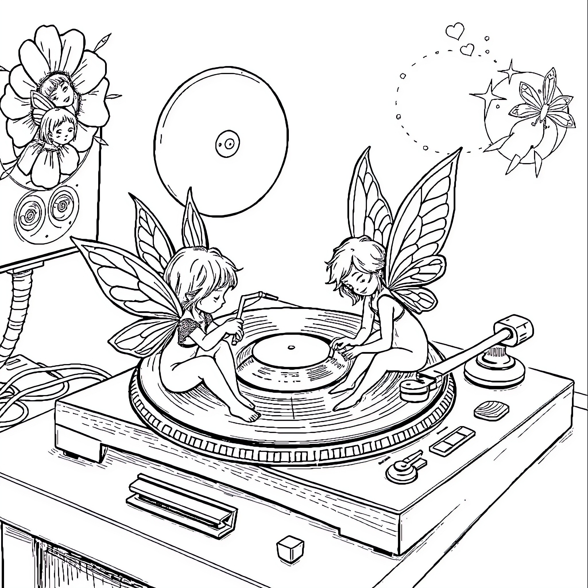 Faerie Turntable Musicians Performing Coloring Page (free black-and-white line drawing printable PDF for all, from beginners to advanced learners, including children, teens, adults, and seniors)