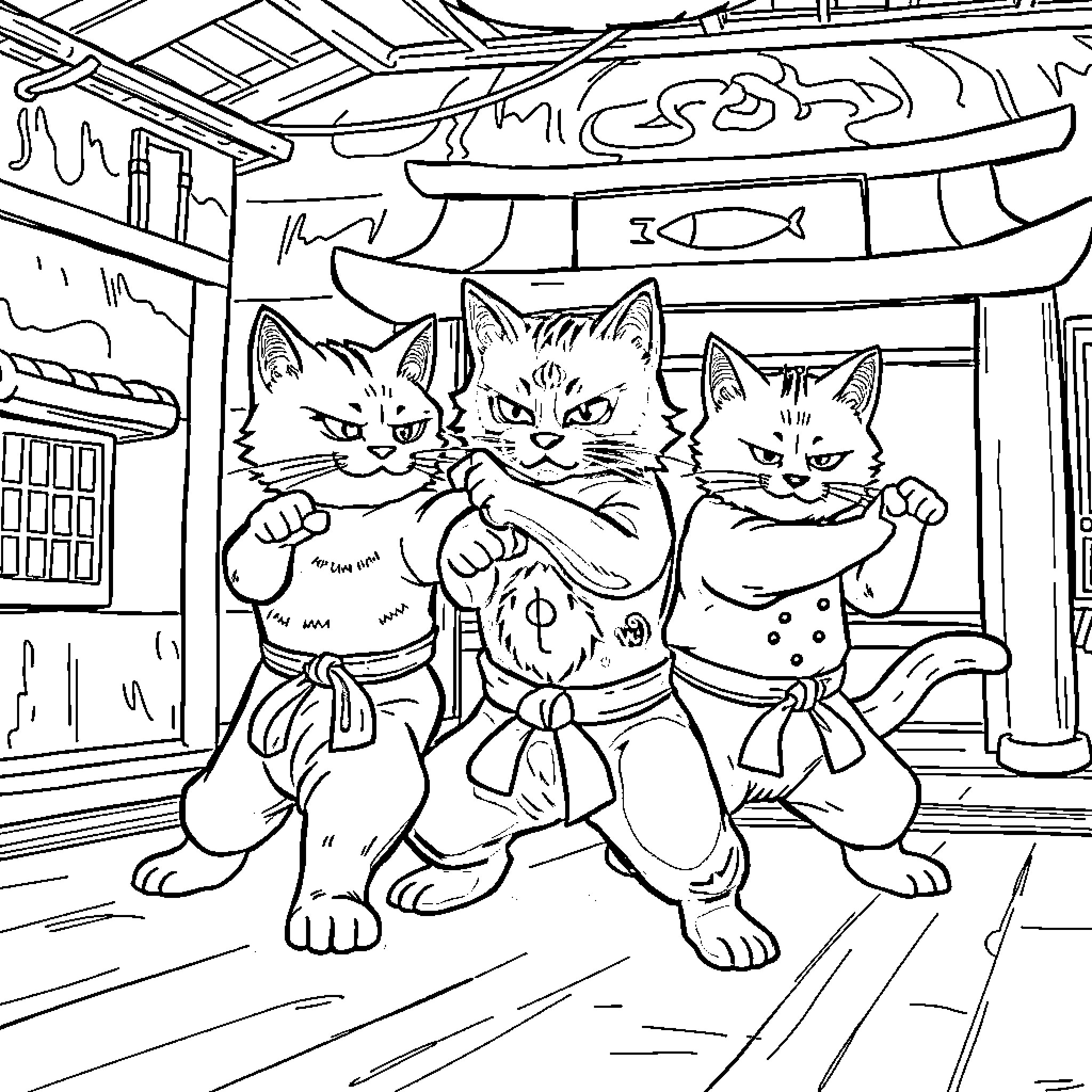 Cat Samurai Warriors in Traditional Japanese Setting Coloring Page (free black-and-white line drawing printable PDF for all, from beginners to advanced learners, including children, teens, adults, and seniors)