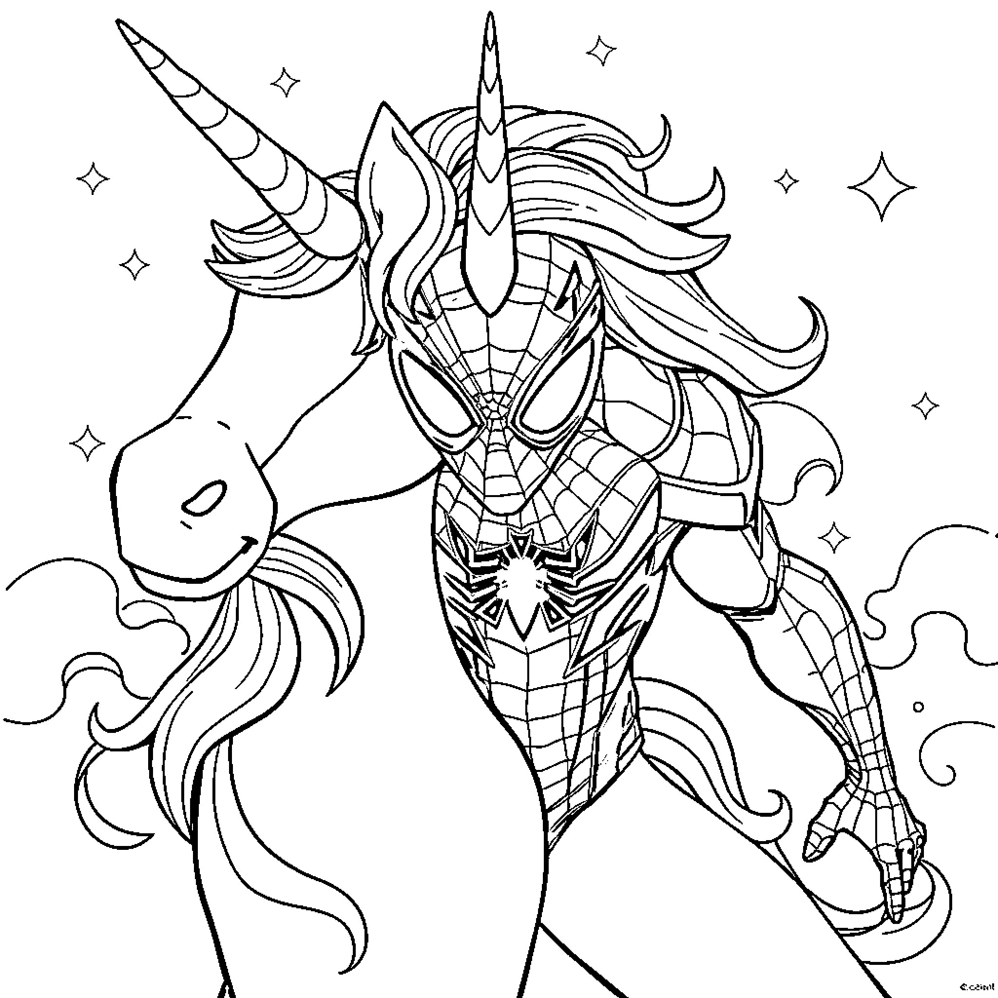 Spiderman unicorn hybrid battles in the cosmic realm Coloring Page (free black-and-white line drawing printable PDF for all, from beginners to advanced learners, including children, teens, adults, and seniors)