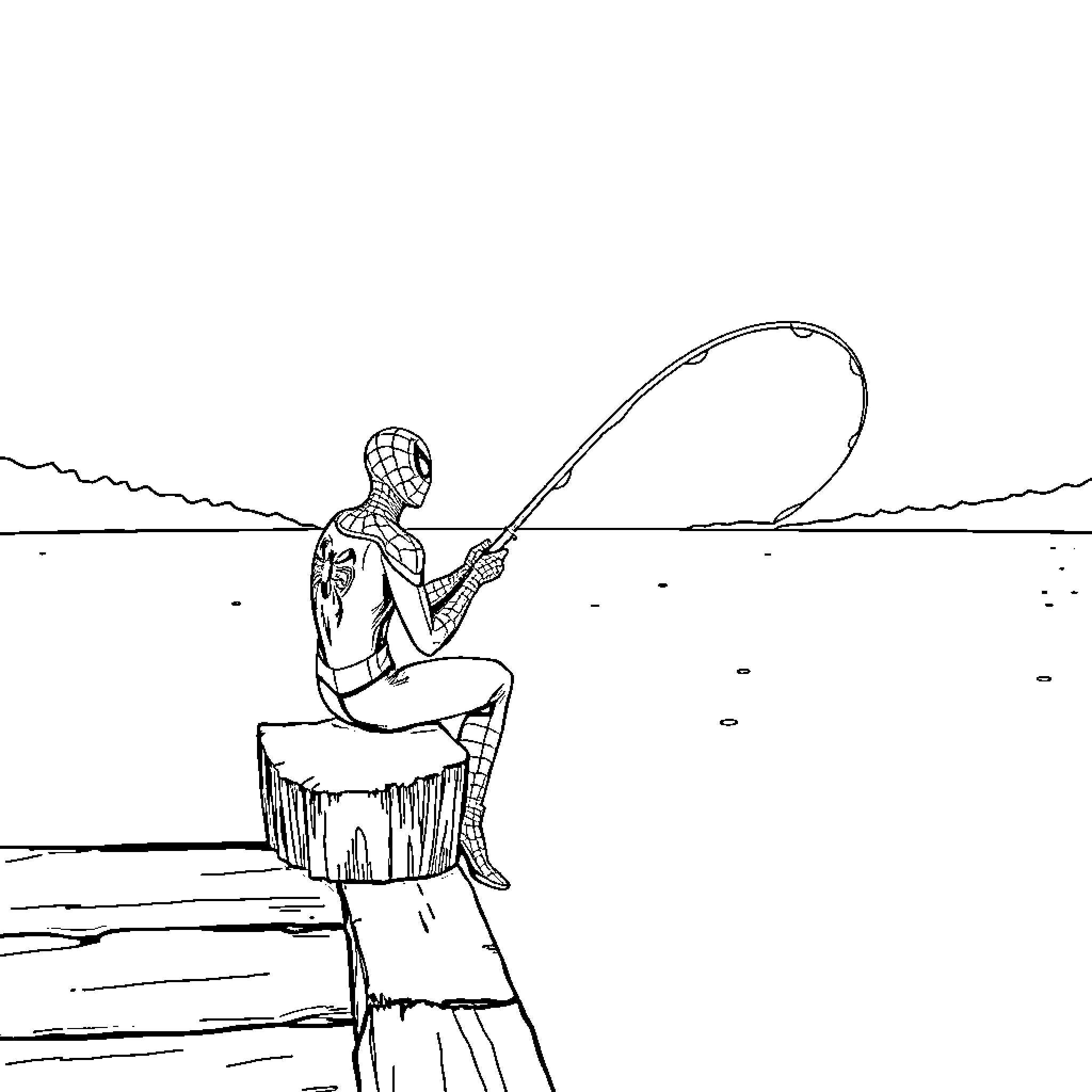 Spiderman fishing alone by the lake Coloring Page (free black-and-white line drawing printable PDF for all, from beginners to advanced learners, including children, teens, adults, and seniors)