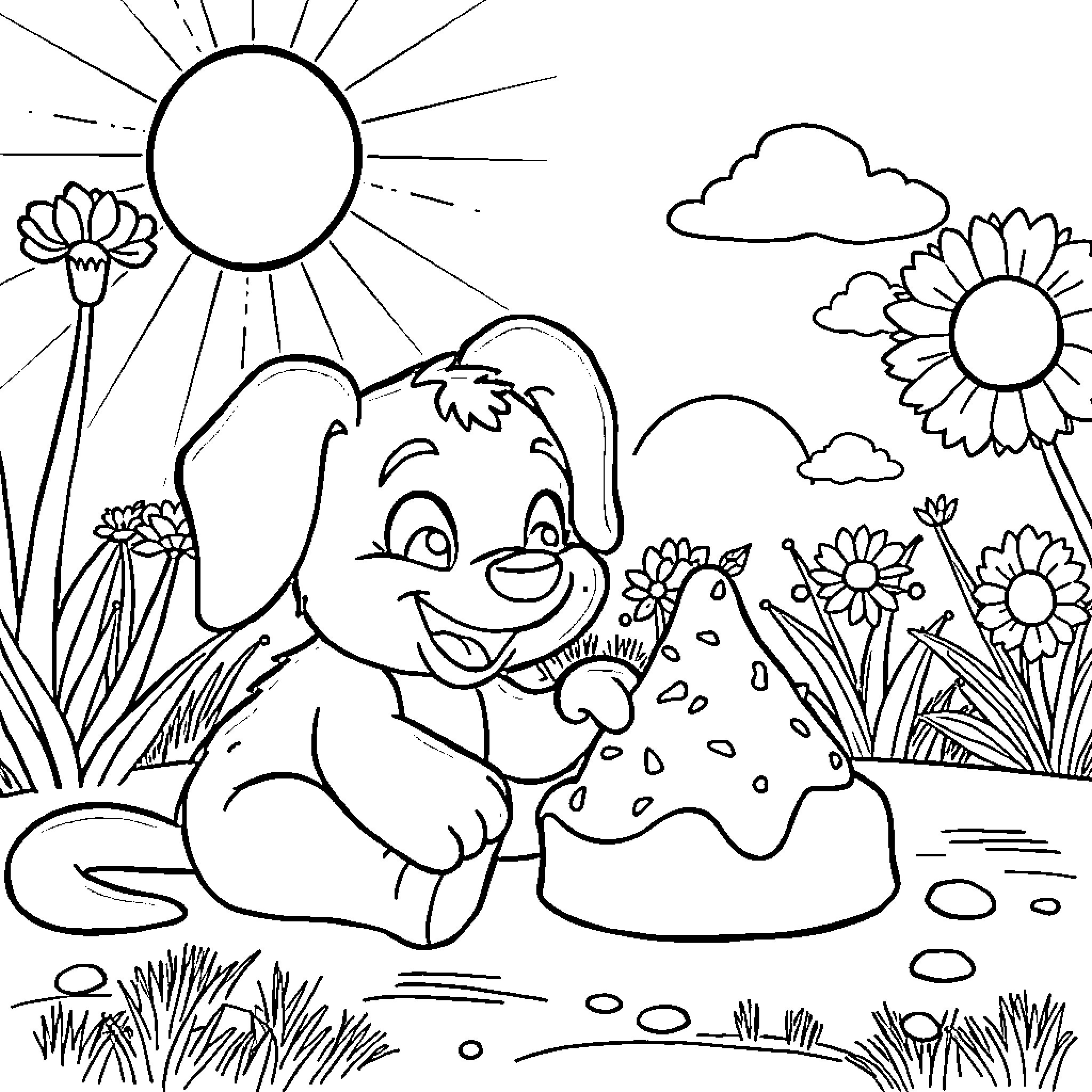 Bluey playing joyfully in the garden Coloring Page (free black-and-white line drawing printable PDF for all, from beginners to advanced learners, including children, teens, adults, and seniors)