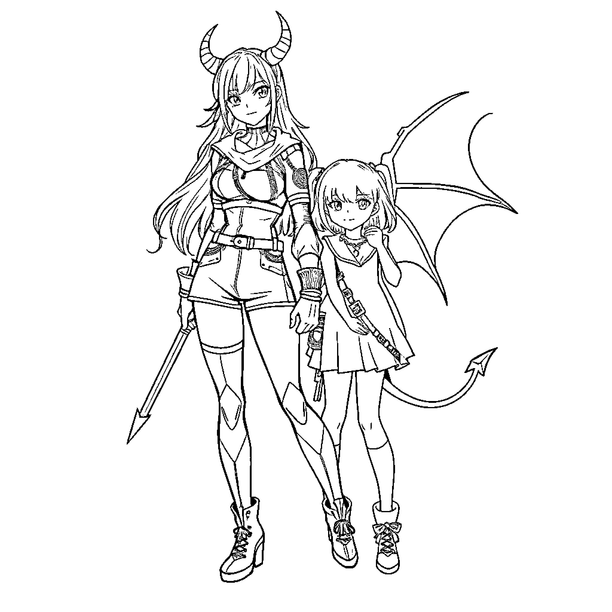 Demon Huntress and Companion in Combat Gear Coloring Page (free black-and-white line drawing printable PDF for all, from beginners to advanced learners, including children, teens, adults, and seniors)