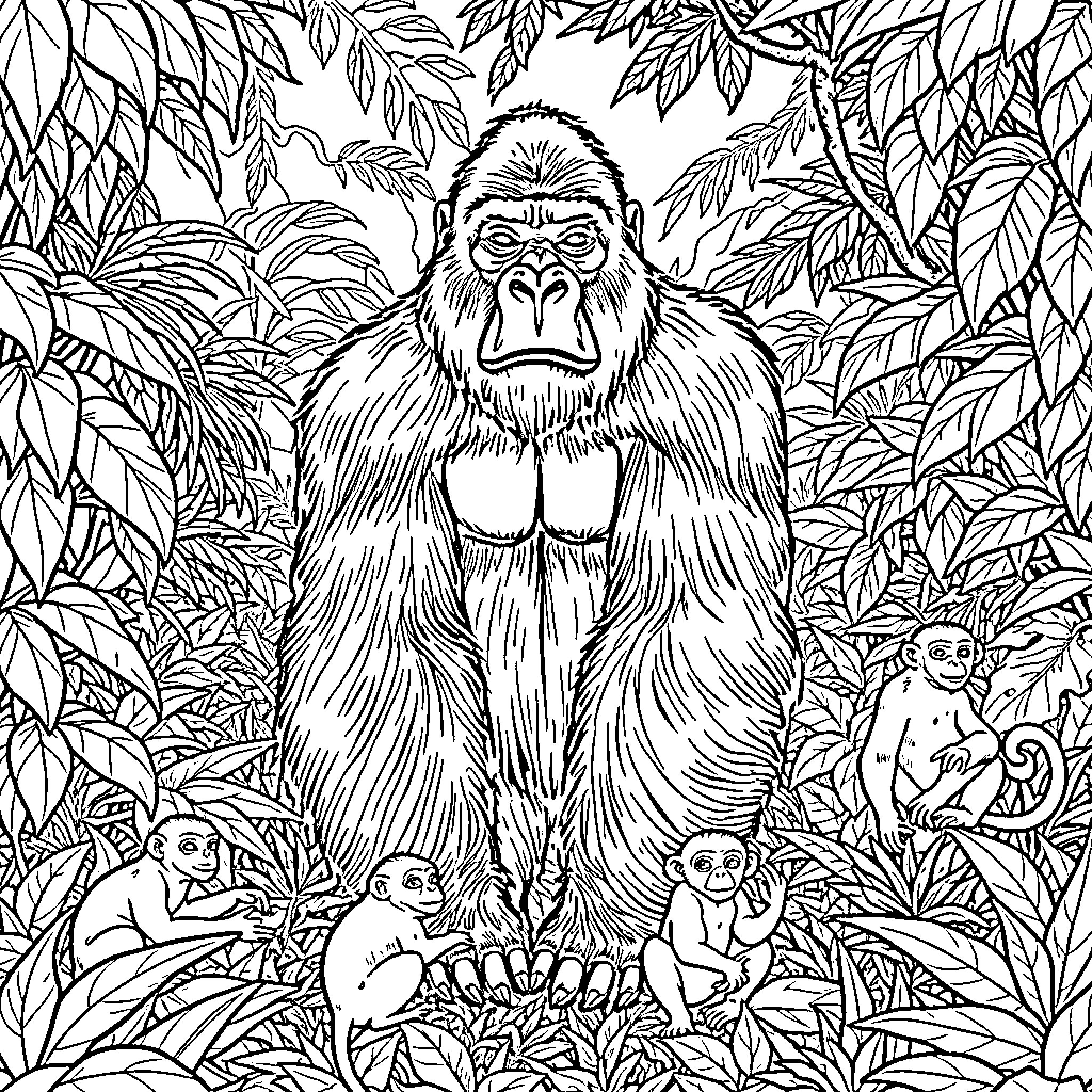 Gorilla presiding over a jungle scene Coloring Page (free black-and-white line drawing printable PDF for all, from beginners to advanced learners, including children, teens, adults, and seniors)