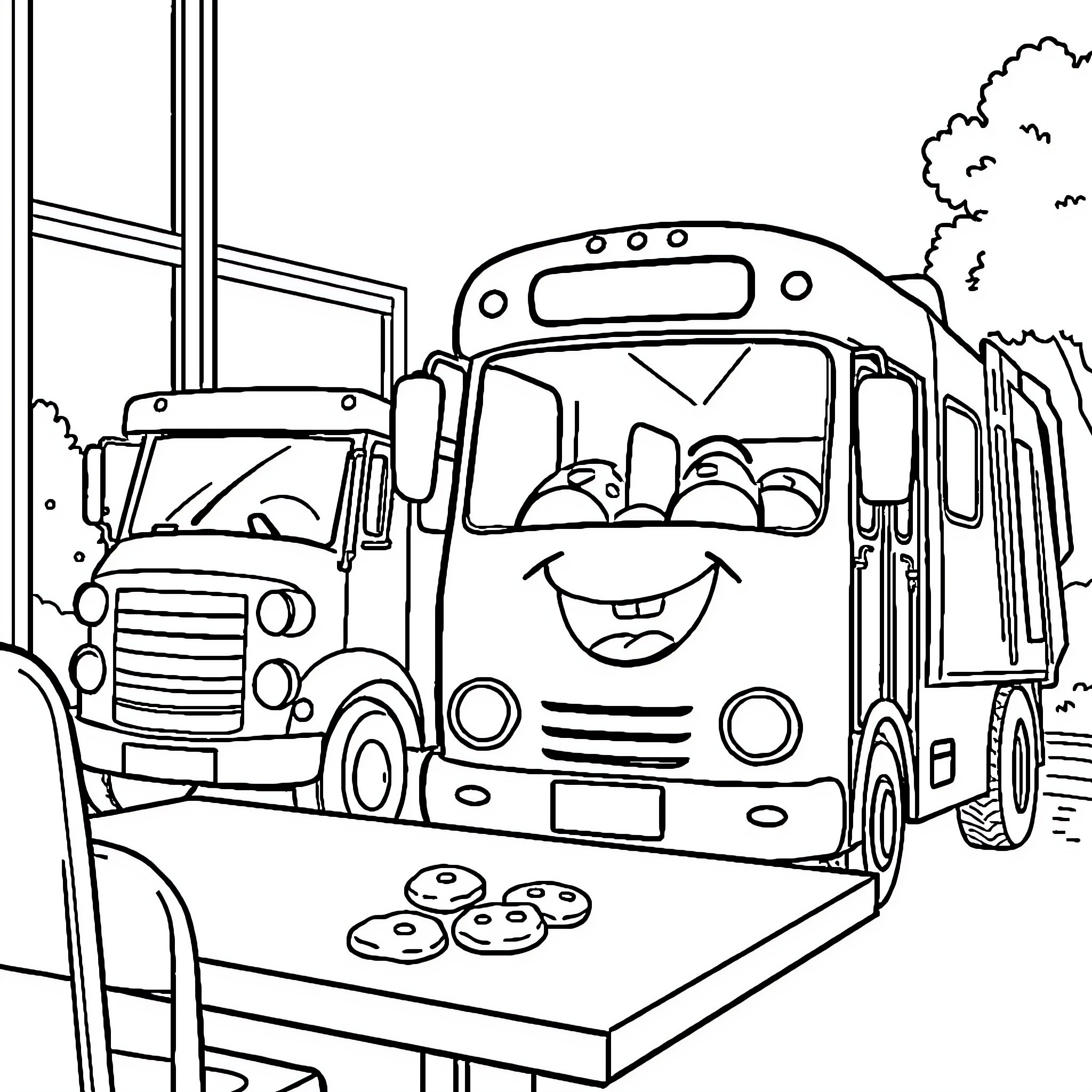 Bus picking up happy passengers on the road Coloring Page (free black-and-white line drawing printable PDF for all, from beginners to advanced learners, including children, teens, adults, and seniors)